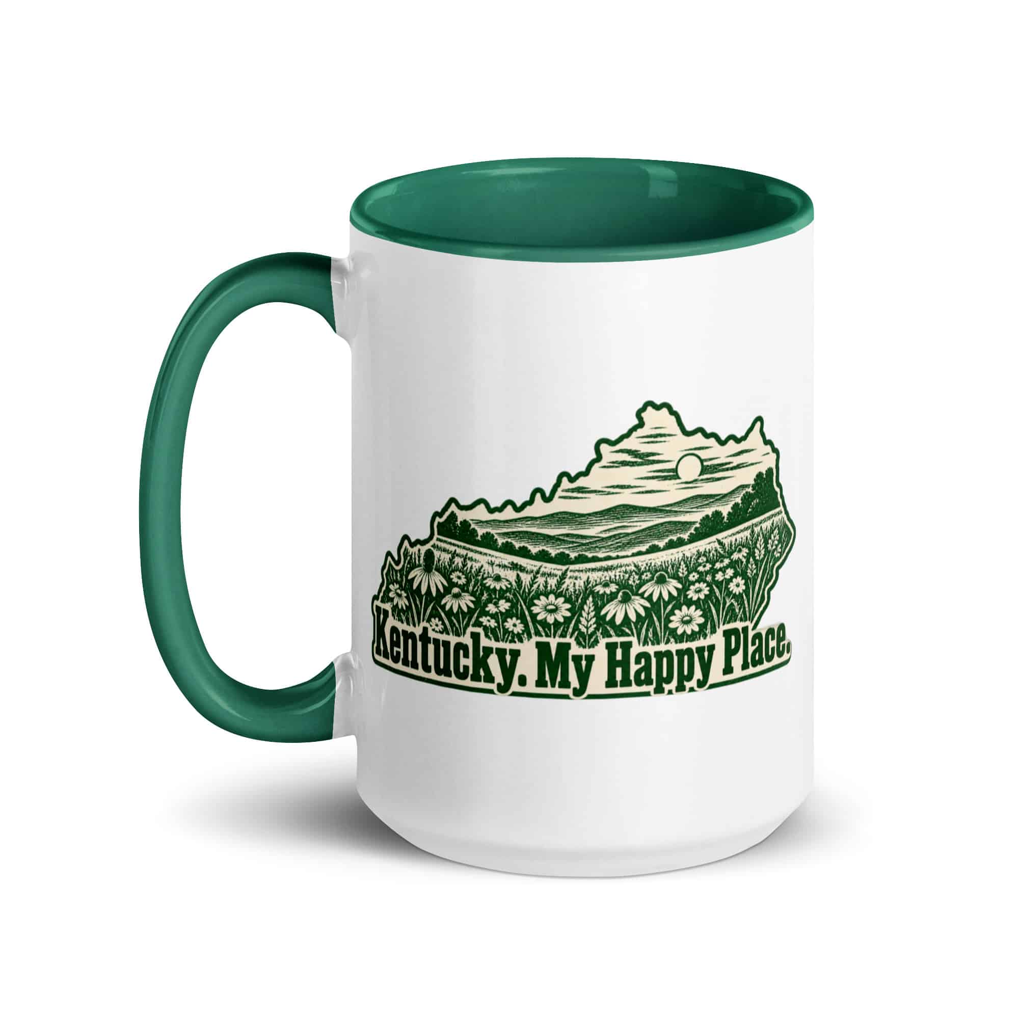 Kentucky Color Inside Coffee Mug: Wildflower meadow, Woodcut Kentucky Silhouette