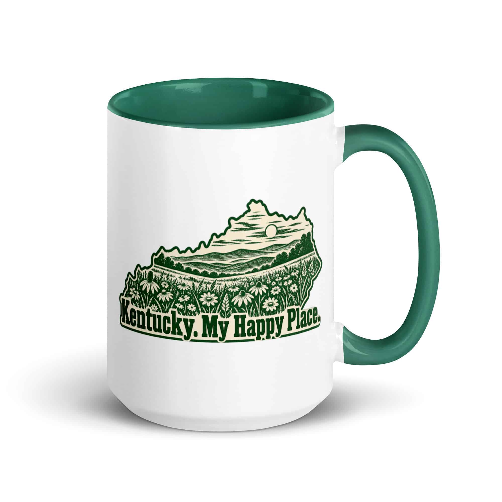 Kentucky Color Inside Coffee Mug: Wildflower meadow, Woodcut Kentucky Silhouette
