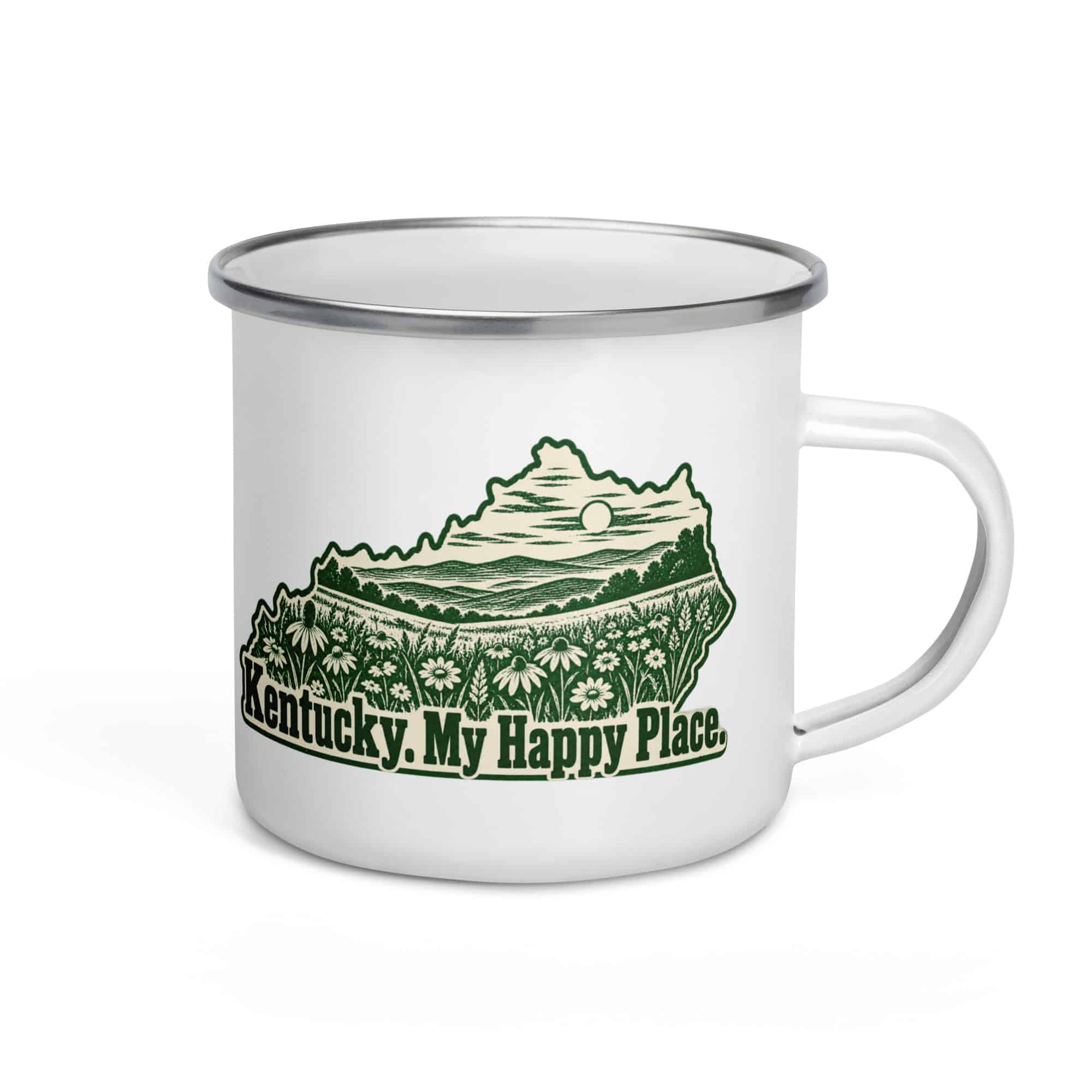 Kentucky Enamel Camp Mug: Wildflower meadow, Woodcut Kentucky Silhouette
