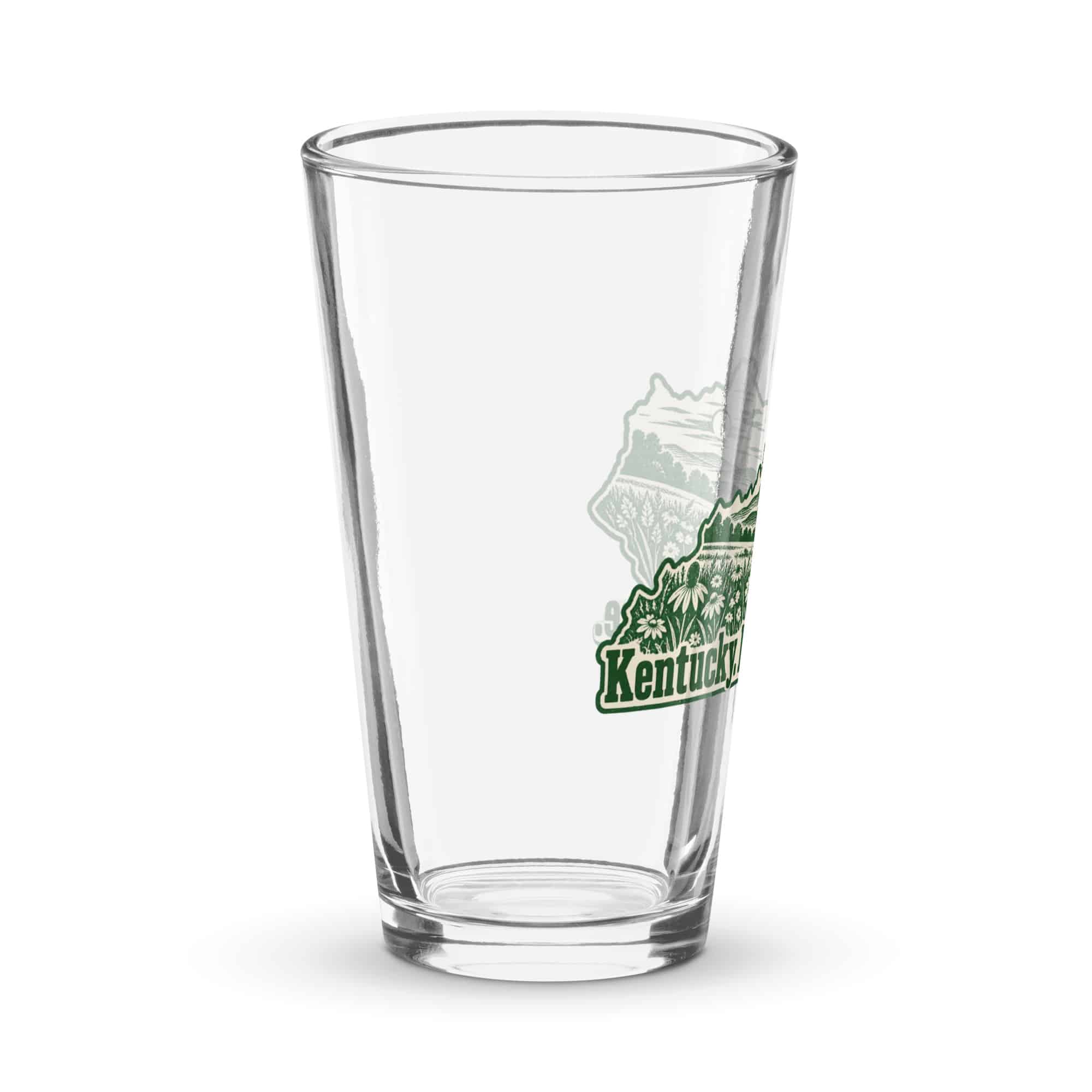 Kentucky Pint Glass: Wildflower meadow, Woodcut Kentucky Silhouette
