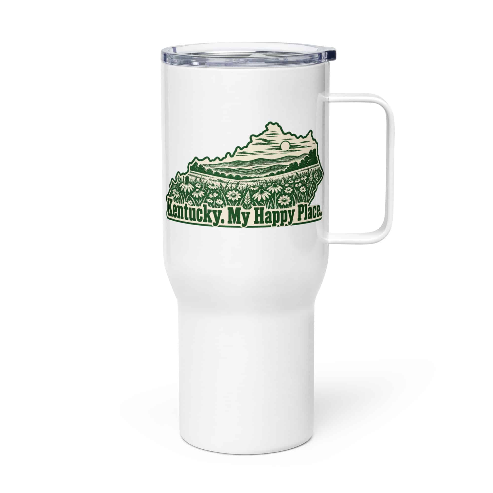 Kentucky Travel Mug: Wildflower meadow, Woodcut Kentucky Silhouette