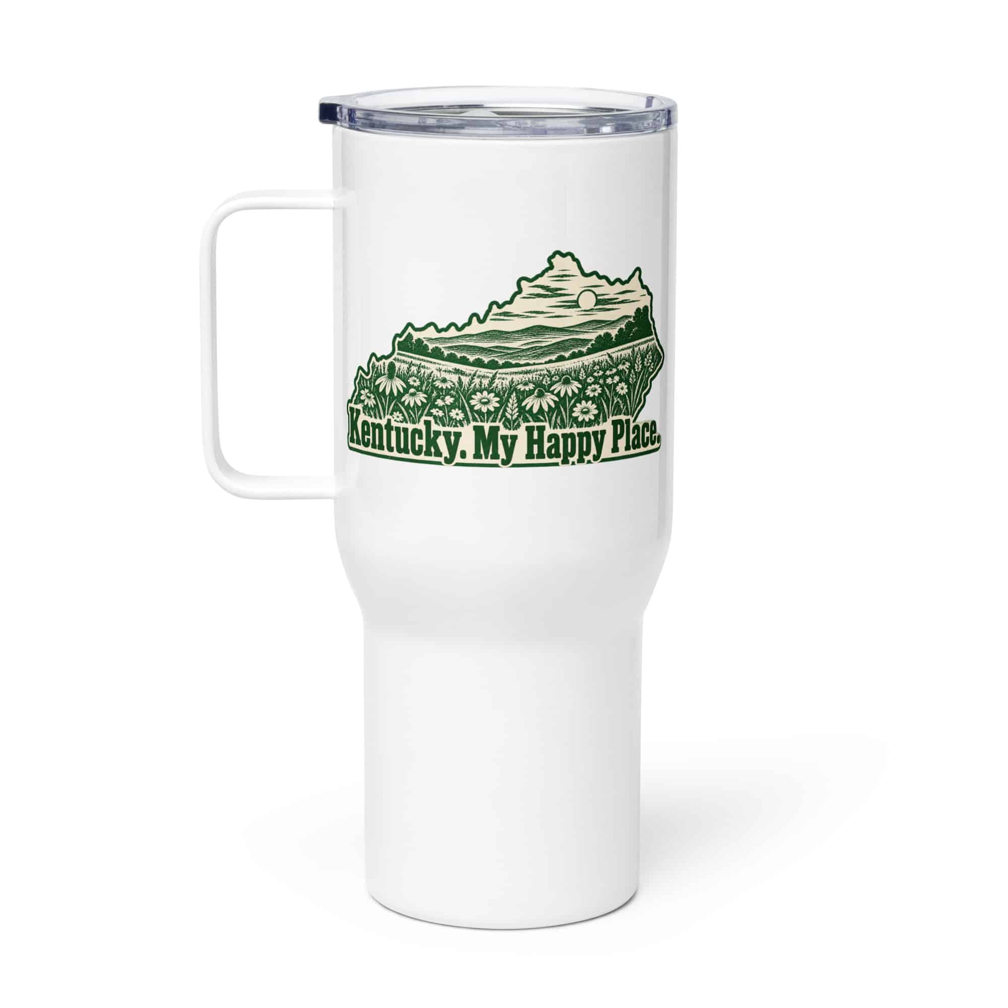 Kentucky Travel Mug: Wildflower meadow, Woodcut Kentucky Silhouette