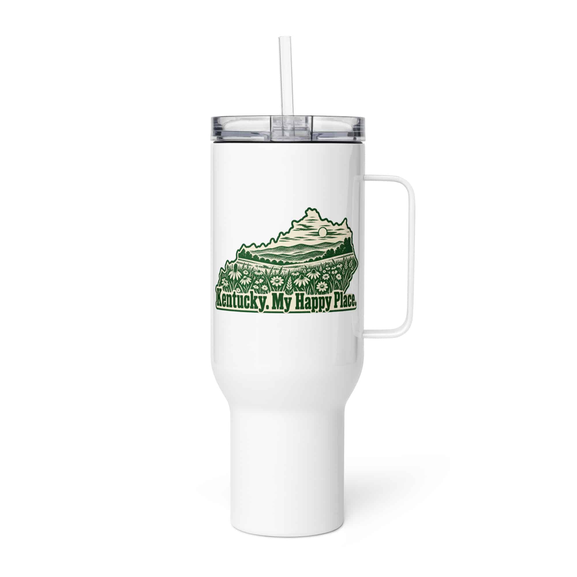Kentucky Travel Mug: Wildflower meadow, Woodcut Kentucky Silhouette
