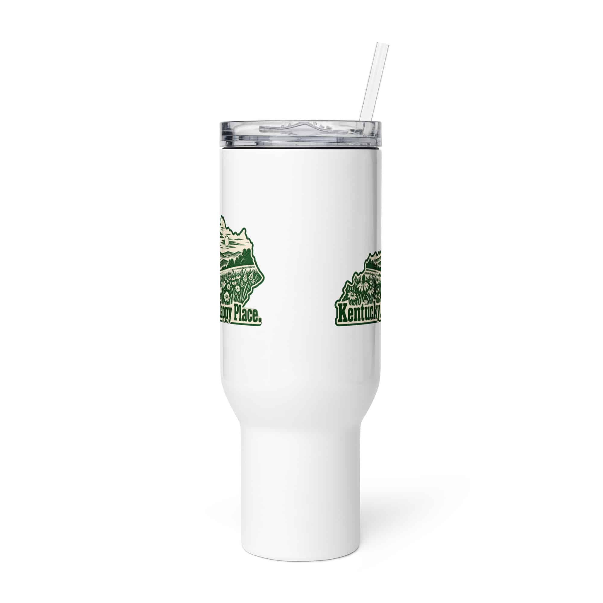 Kentucky Travel Mug: Wildflower meadow, Woodcut Kentucky Silhouette