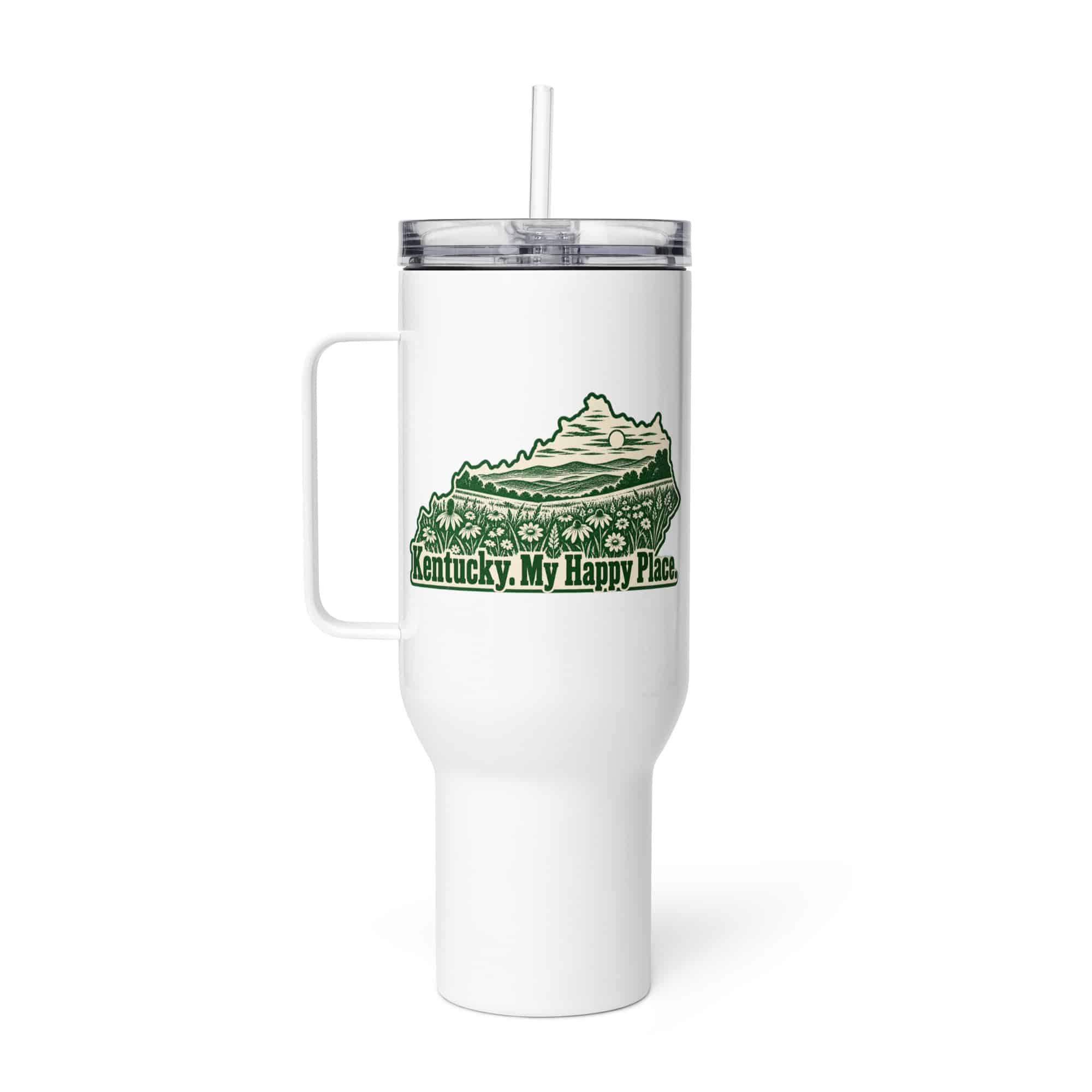 Kentucky Travel Mug: Wildflower meadow, Woodcut Kentucky Silhouette