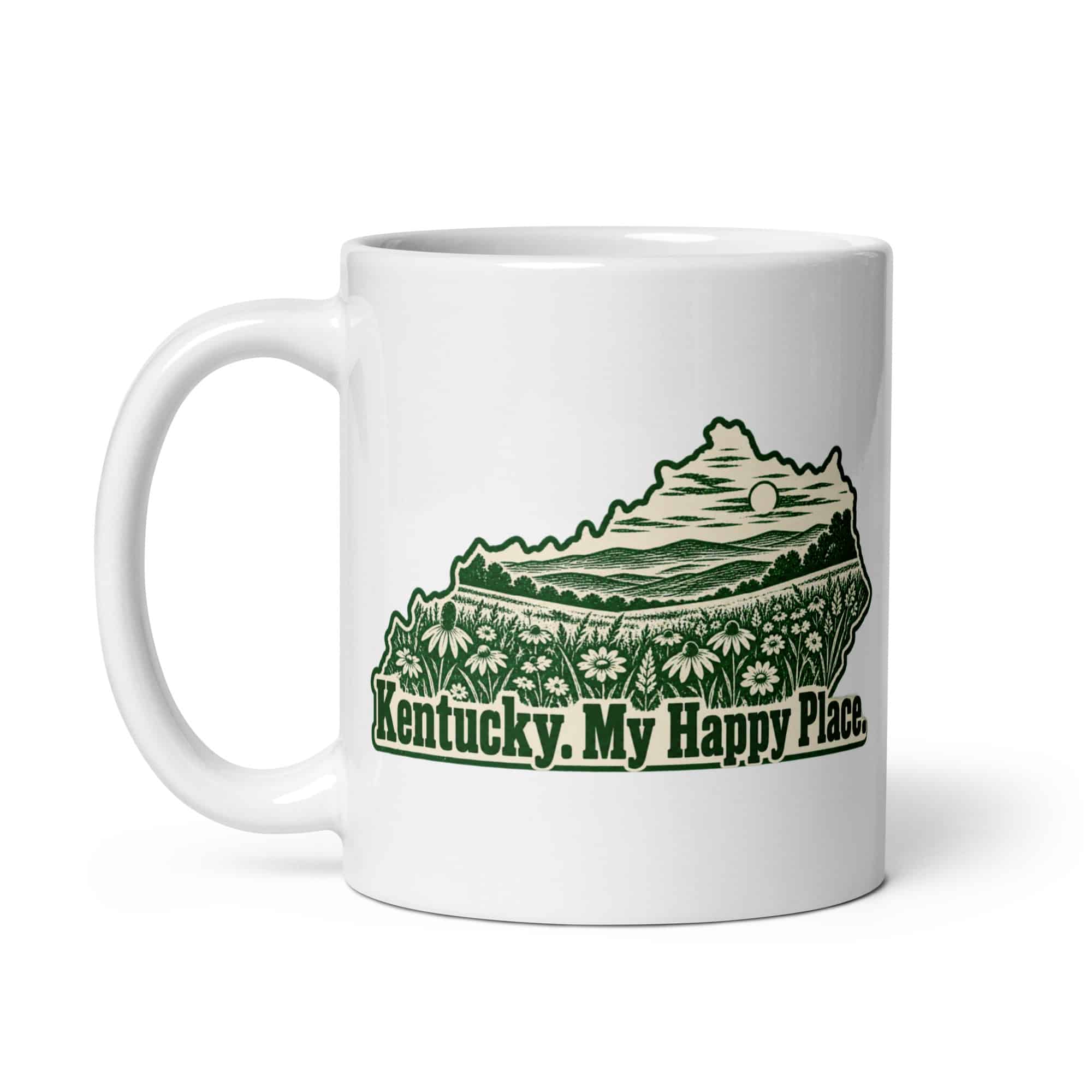 Kentucky White Ceramic Coffee Mug: Wildflower meadow, Woodcut Kentucky Silhouette