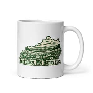 Kentucky White Ceramic Coffee Mug: Wildflower meadow, Woodcut Kentucky Silhouette - 11 oz - Main