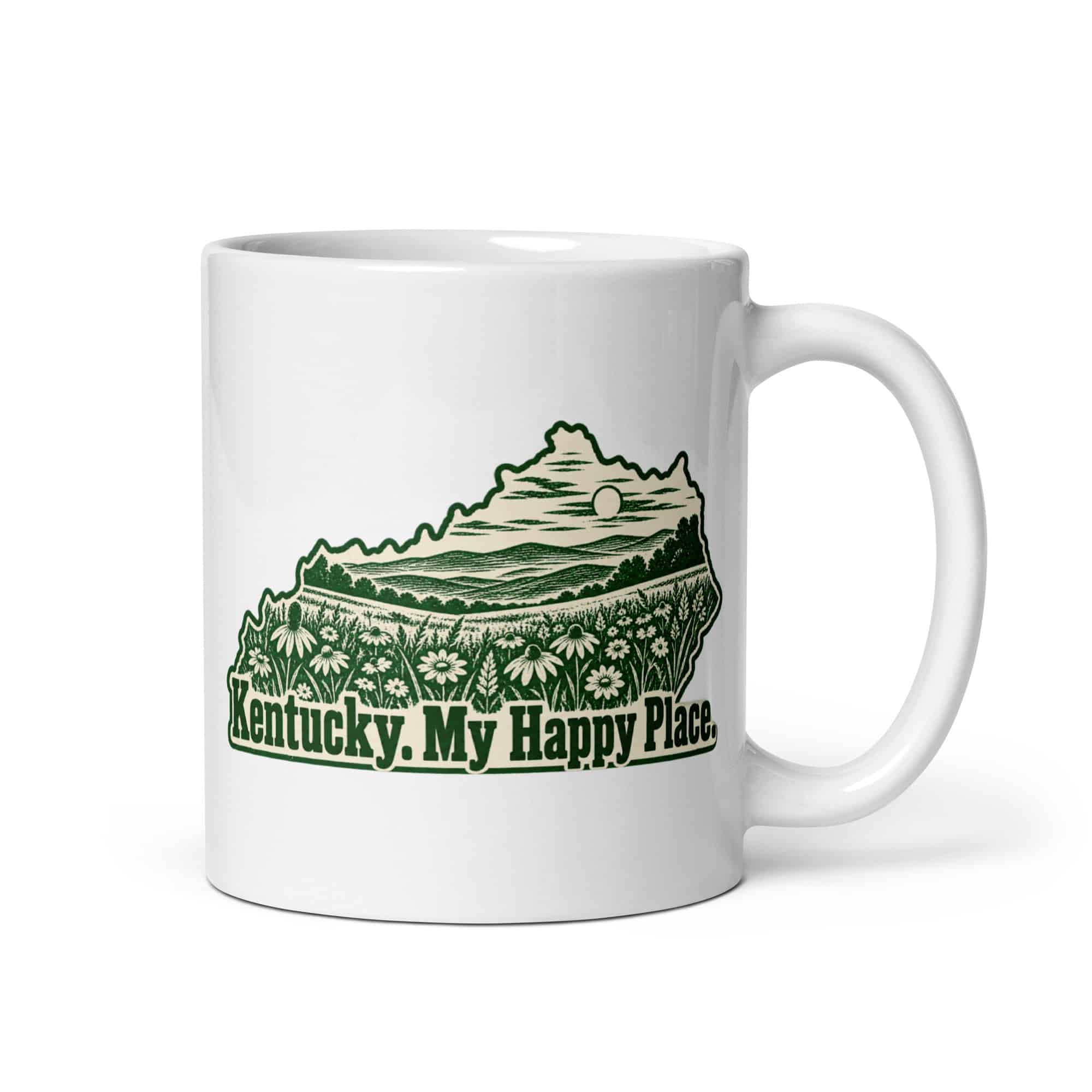 Kentucky White Ceramic Coffee Mug: Wildflower meadow, Woodcut Kentucky Silhouette
