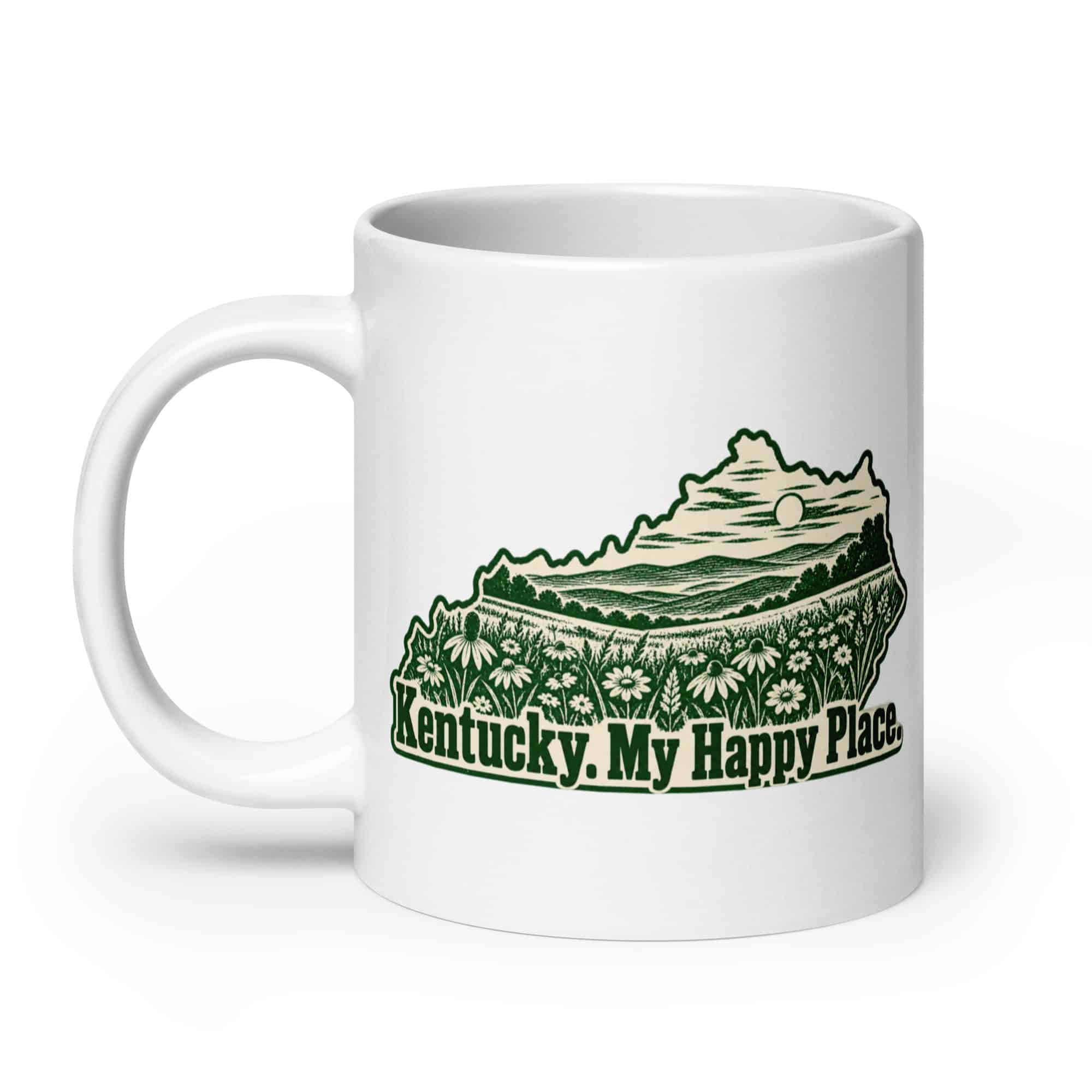 Kentucky White Ceramic Coffee Mug: Wildflower meadow, Woodcut Kentucky Silhouette
