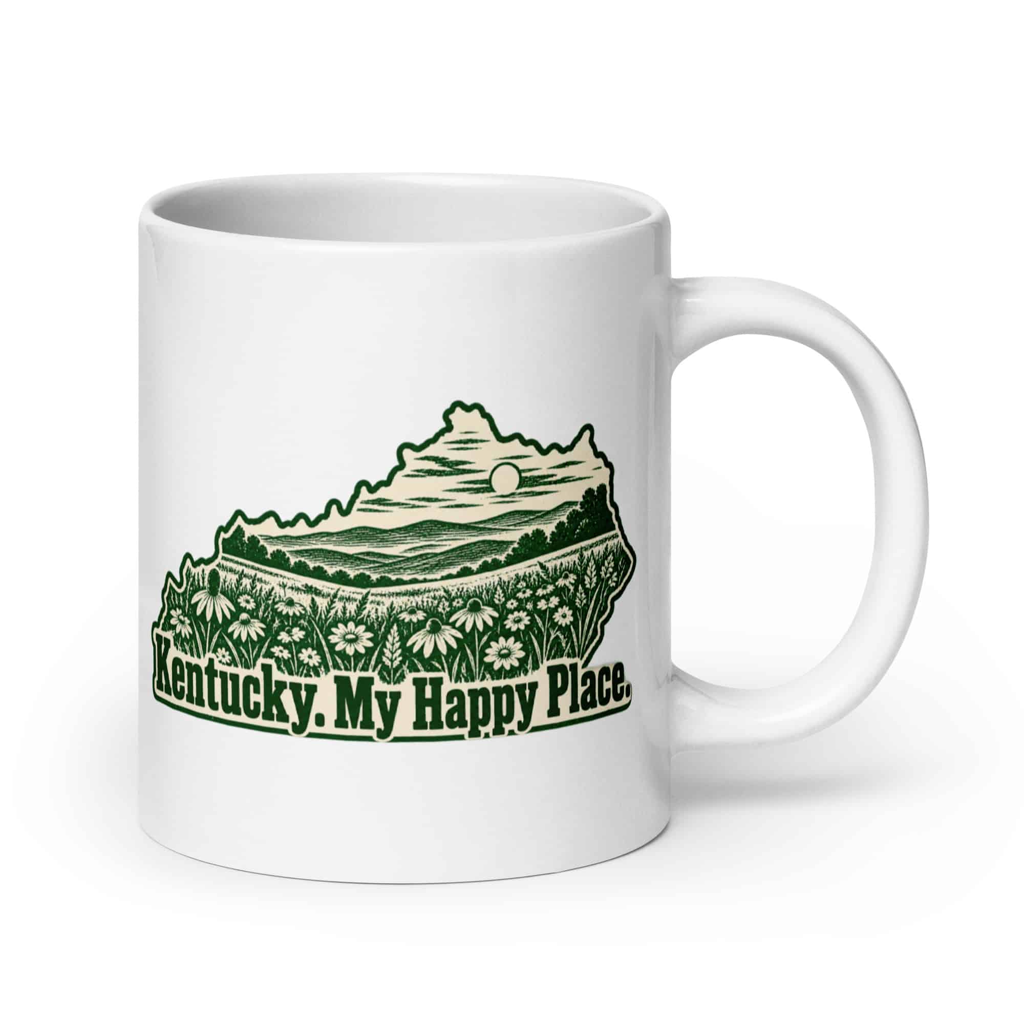 Kentucky White Ceramic Coffee Mug: Wildflower meadow, Woodcut Kentucky Silhouette