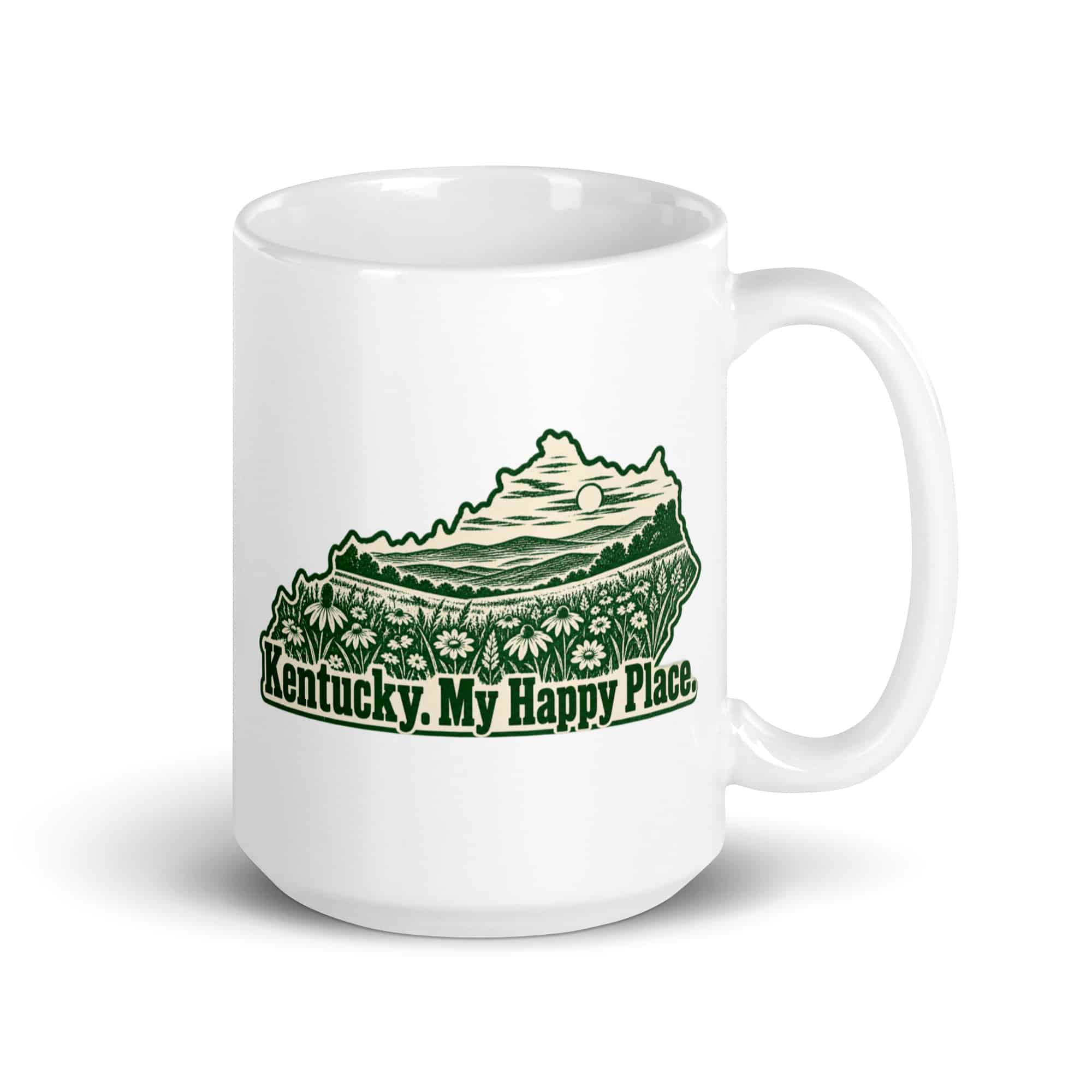 Kentucky White Ceramic Coffee Mug: Wildflower meadow, Woodcut Kentucky Silhouette