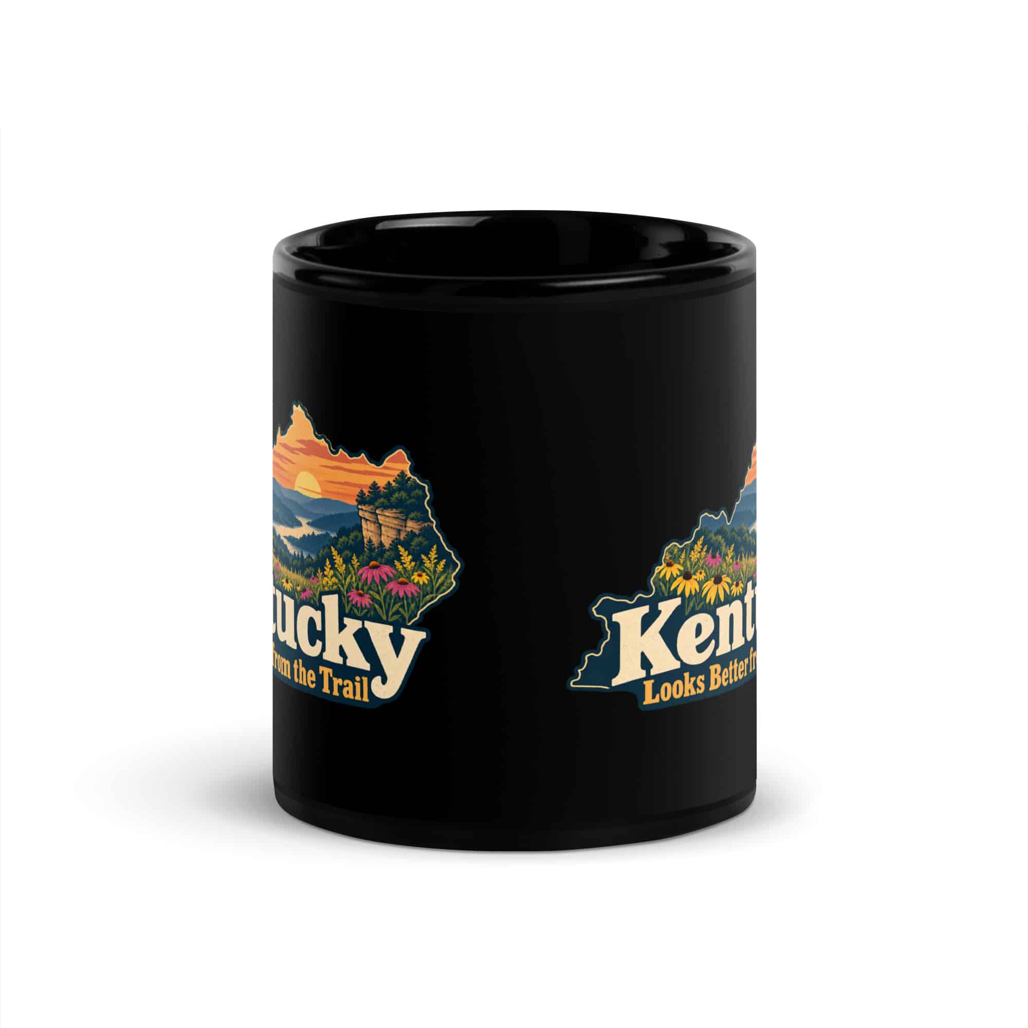 Kentucky Black Coffee Mug: Wildflower meadow, Colorful Kentucky Silhouette