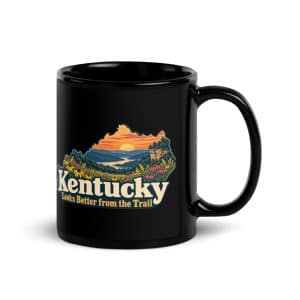 Kentucky Black Coffee Mug: Wildflower meadow, Colorful Kentucky Silhouette - 11 oz - Handle on Right