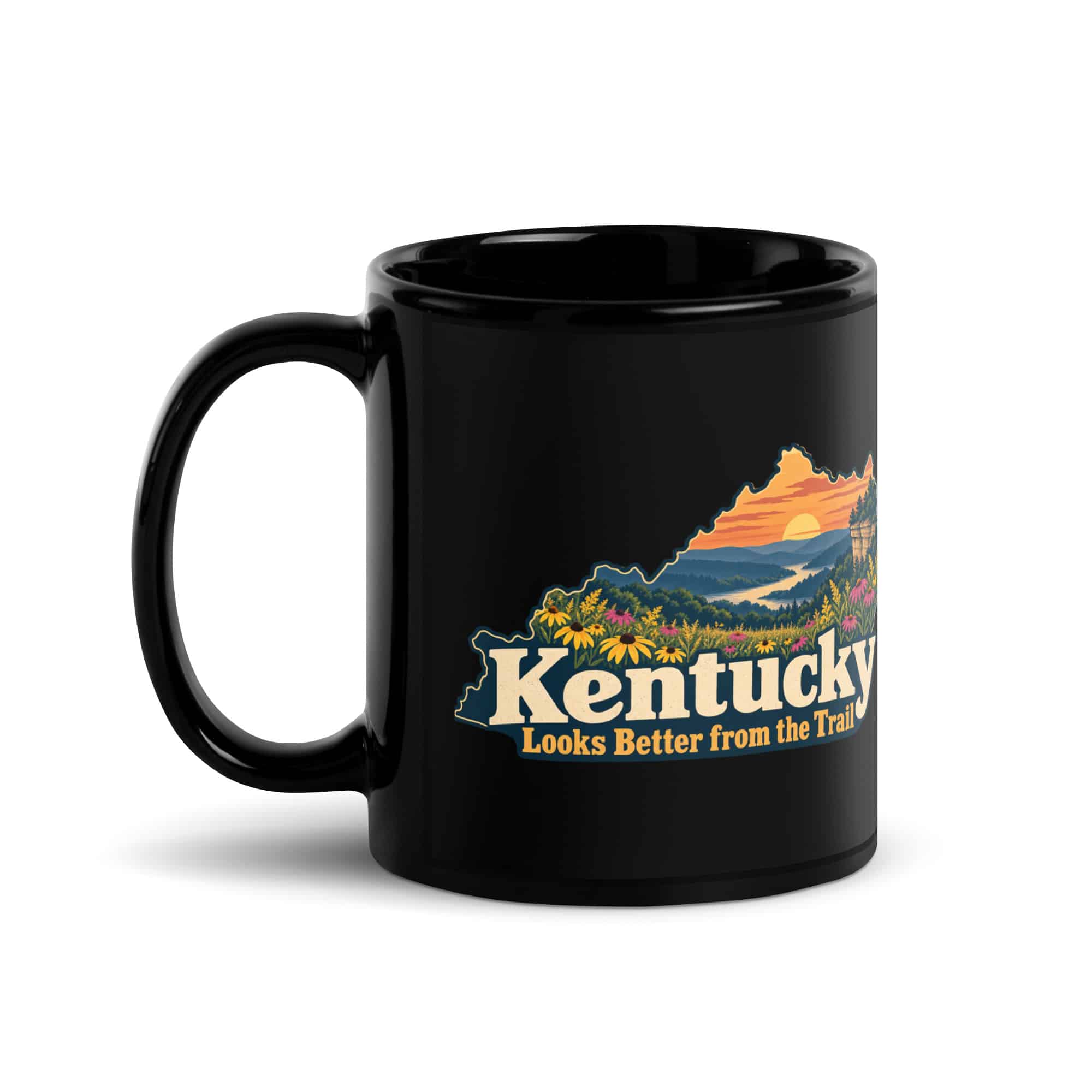Kentucky Black Coffee Mug: Wildflower meadow, Colorful Kentucky Silhouette