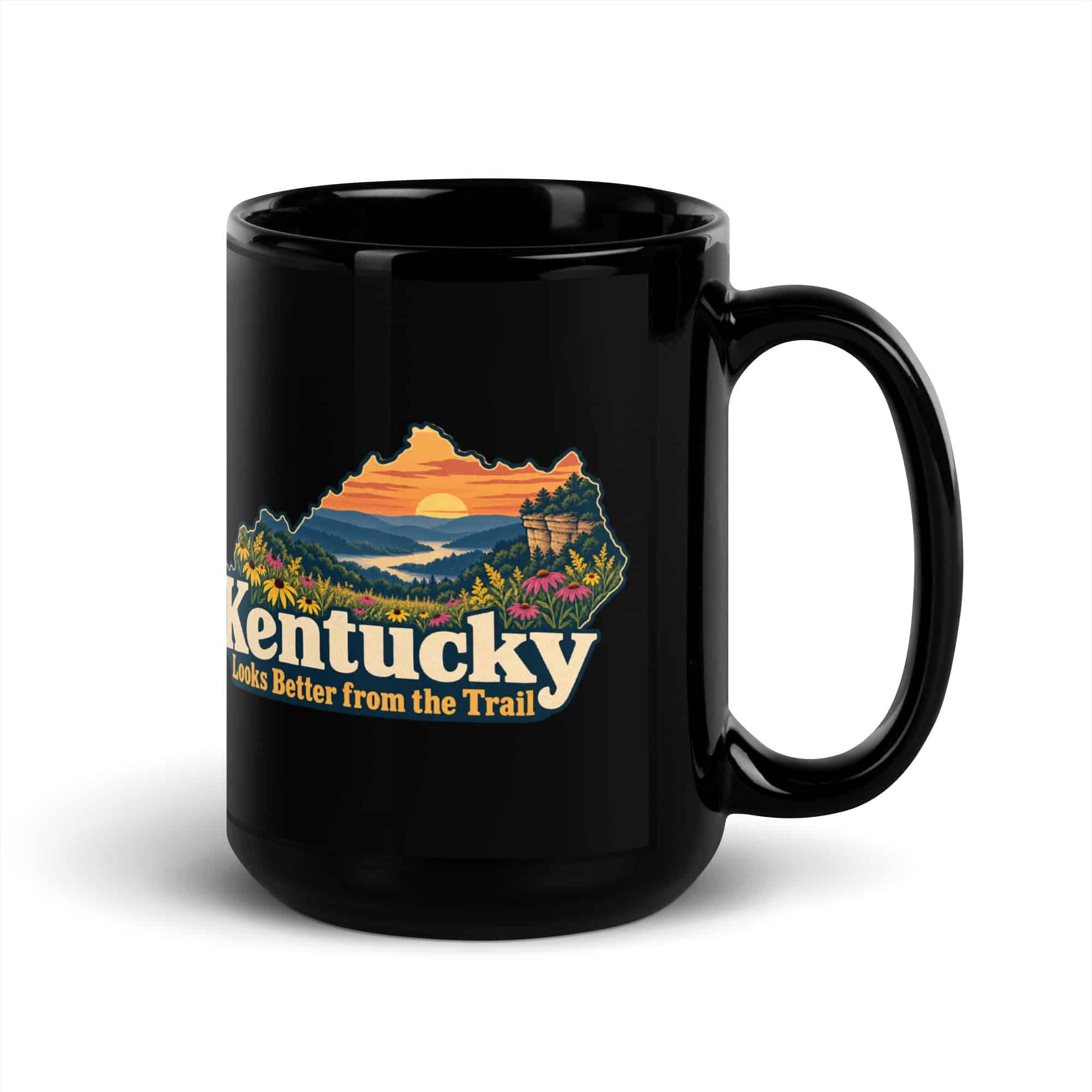 Kentucky Black Coffee Mug: Wildflower meadow, Colorful Kentucky Silhouette