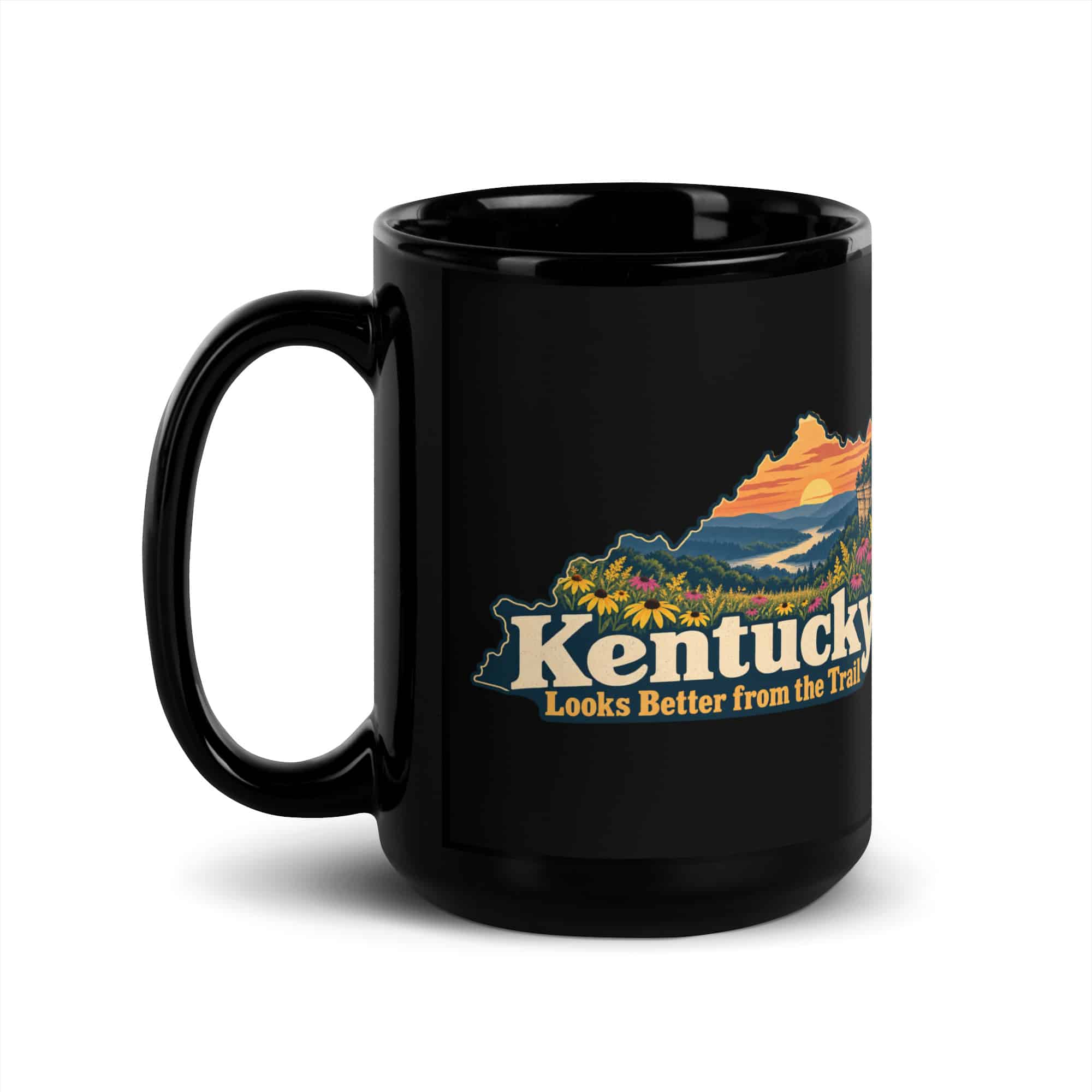 Kentucky Black Coffee Mug: Wildflower meadow, Colorful Kentucky Silhouette