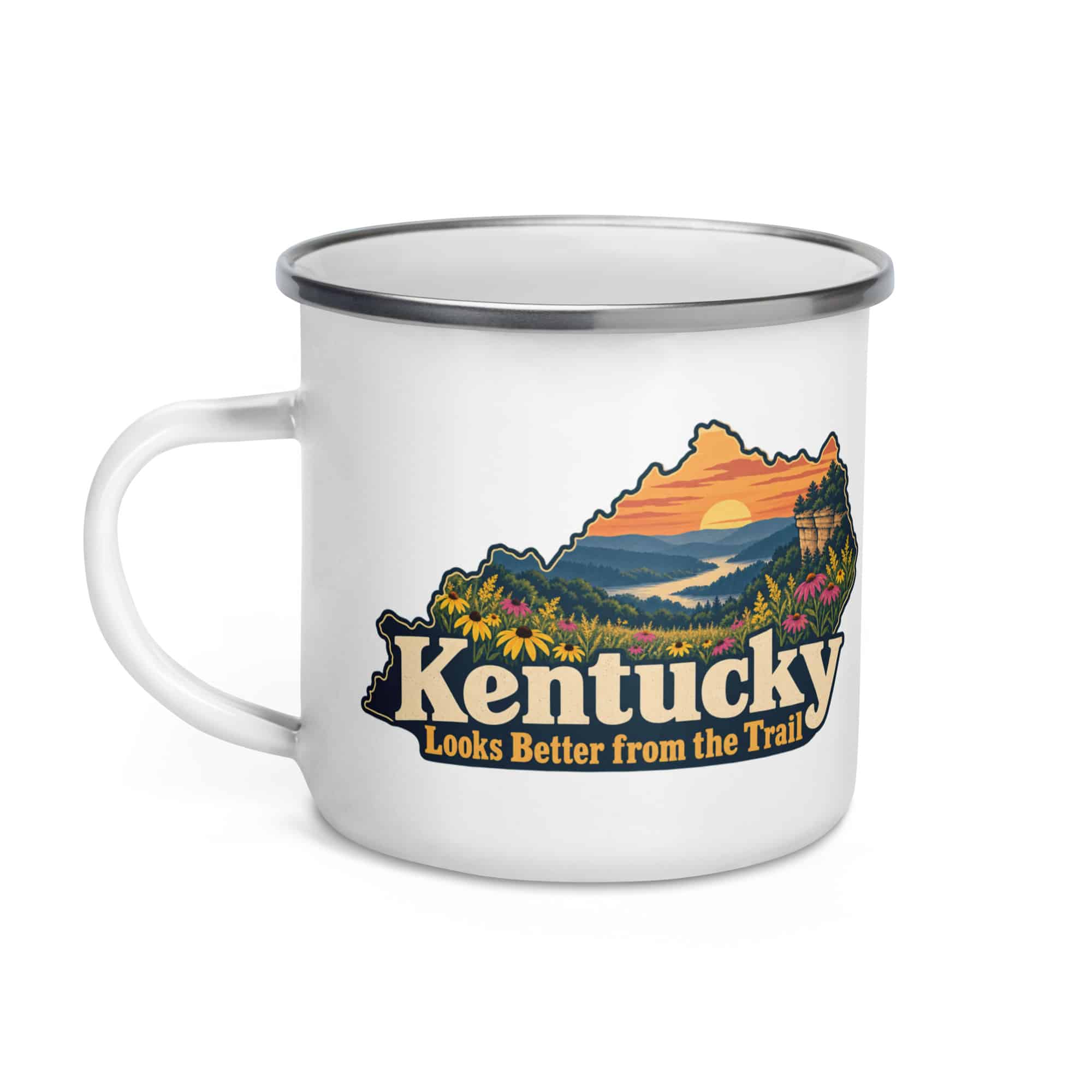 Kentucky Enamel Camp Mug: Wildflower meadow, Colorful Kentucky Silhouette