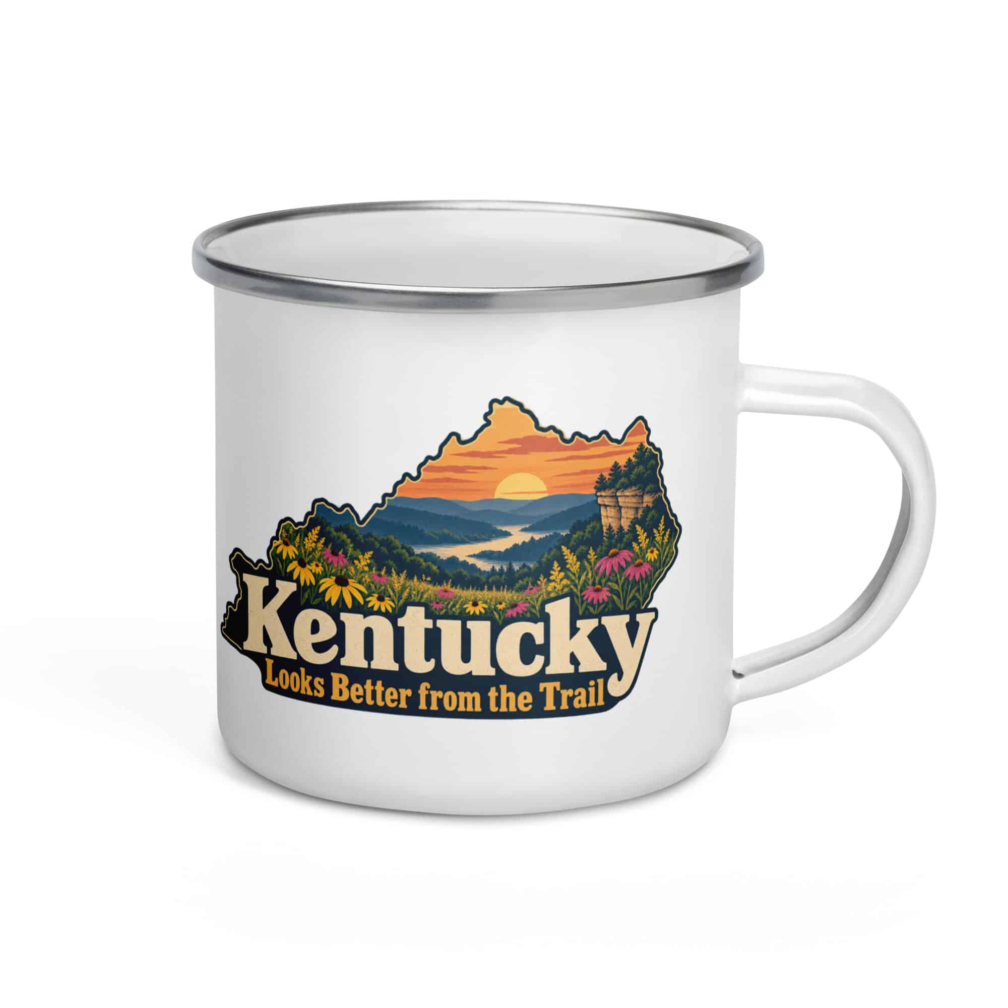 Kentucky Enamel Camp Mug: Wildflower meadow, Colorful Kentucky Silhouette