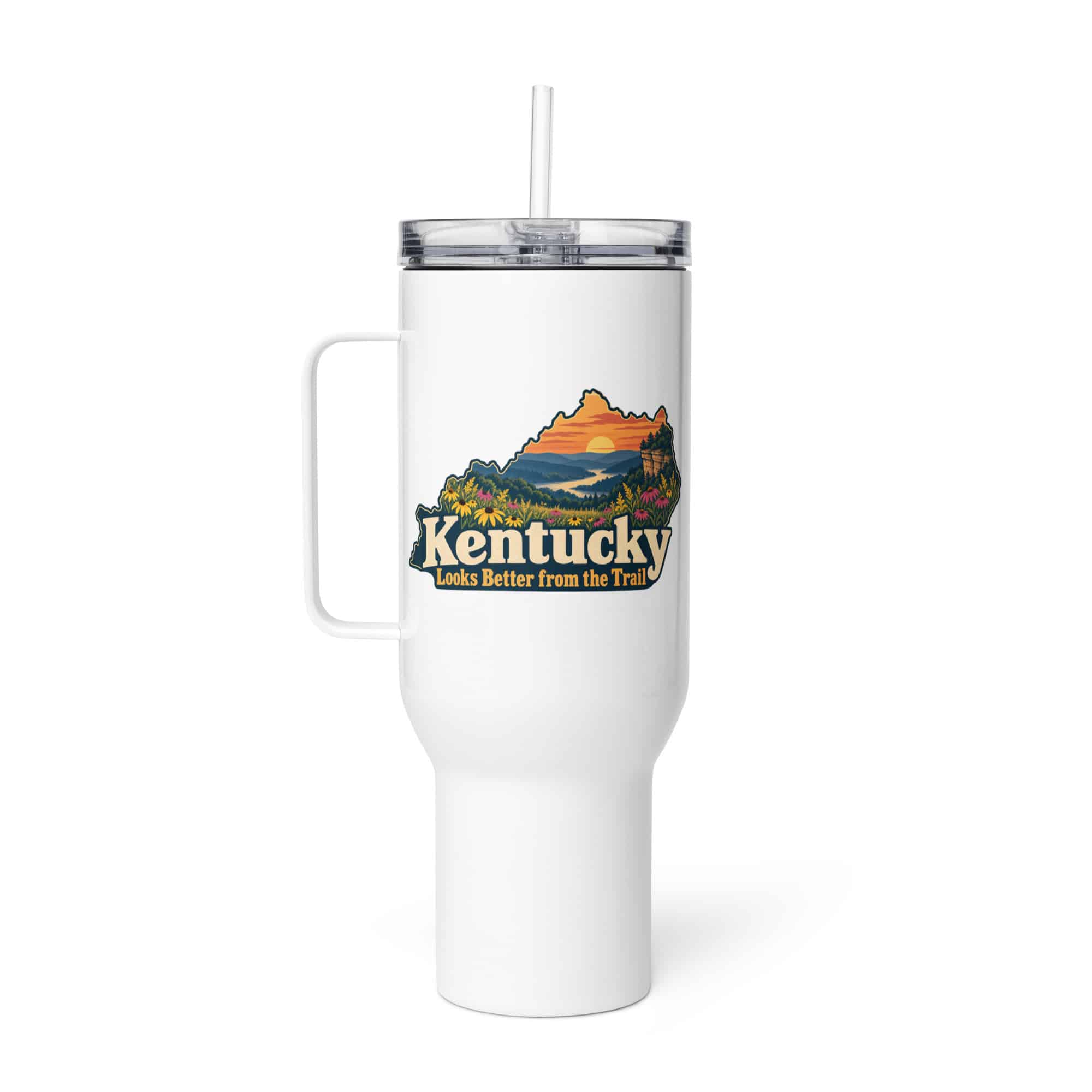 Kentucky Travel Mug: Wildflower meadow, Colorful Kentucky Silhouette