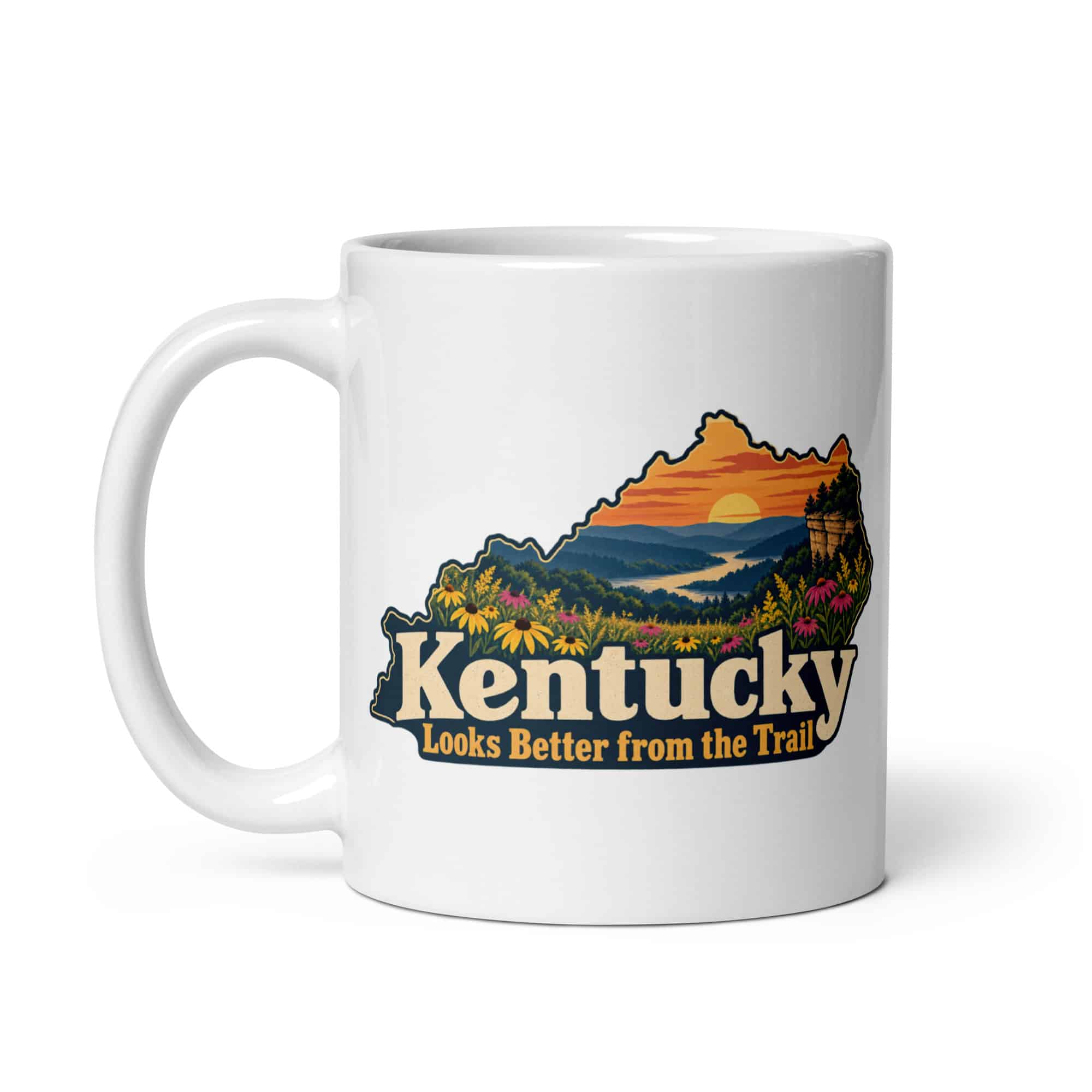 Kentucky White Ceramic Coffee Mug: Wildflower meadow, Colorful Kentucky Silhouette