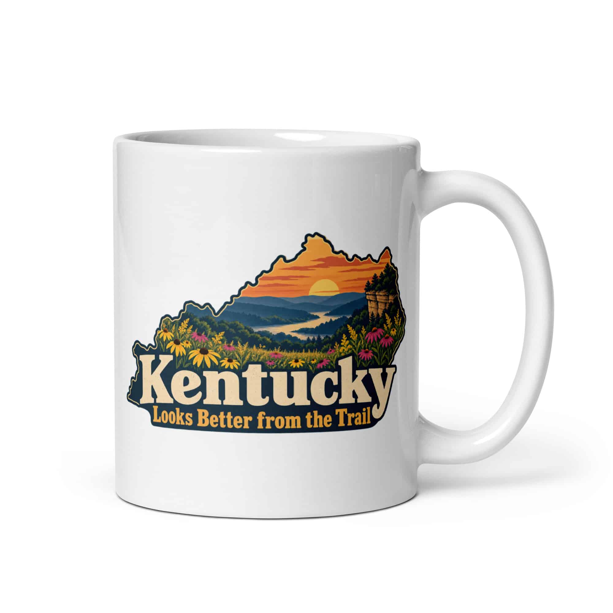 Kentucky White Ceramic Coffee Mug: Wildflower meadow, Colorful Kentucky Silhouette