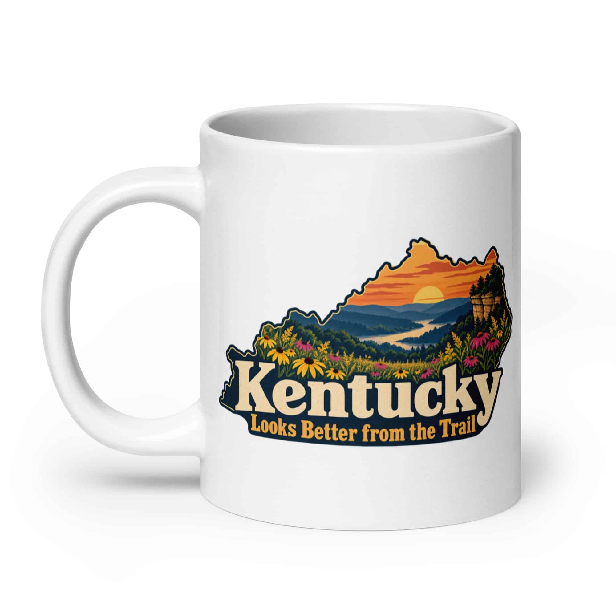 Kentucky White Ceramic Coffee Mug: Wildflower meadow, Colorful Kentucky Silhouette