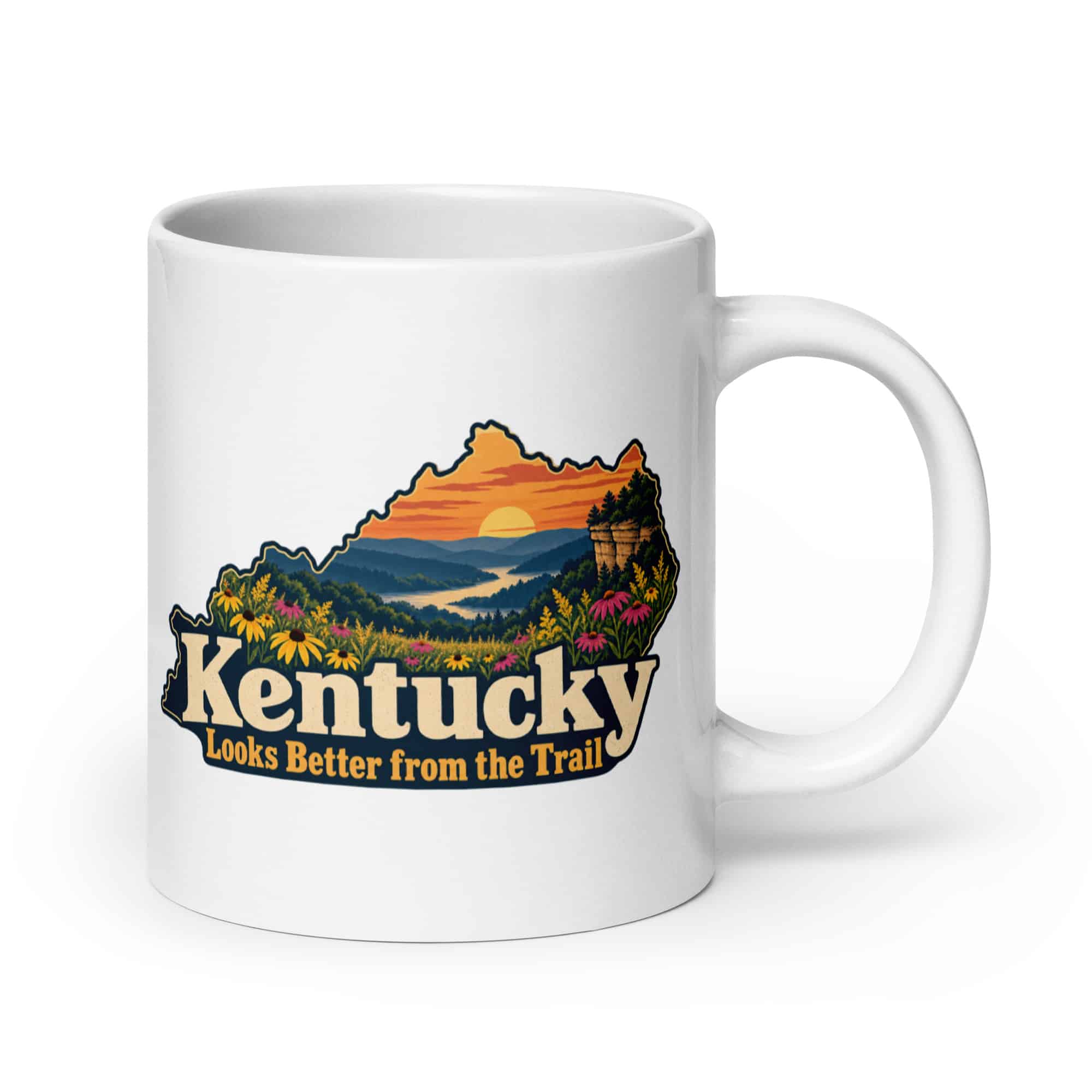 Kentucky White Ceramic Coffee Mug: Wildflower meadow, Colorful Kentucky Silhouette