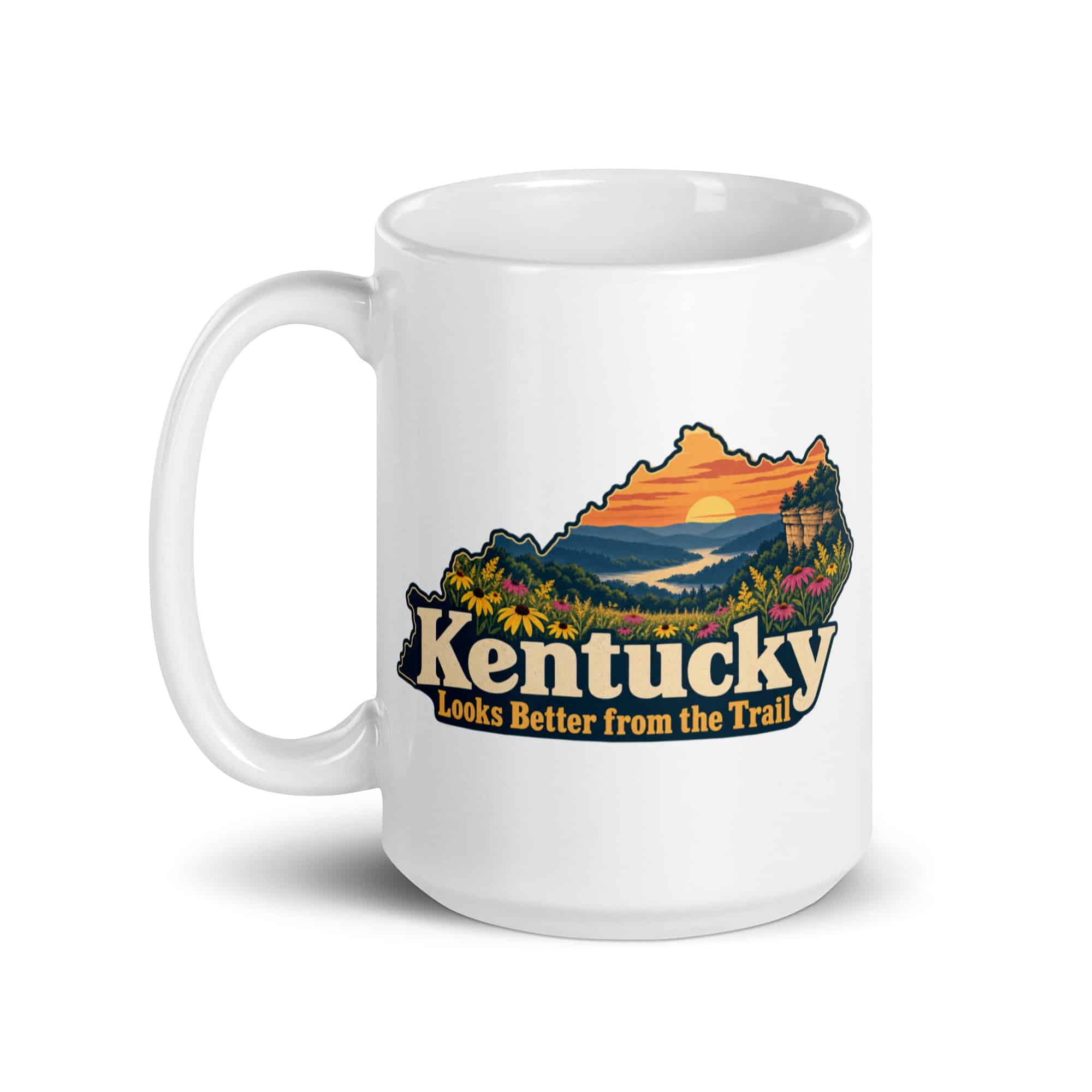 Kentucky White Ceramic Coffee Mug: Wildflower meadow, Colorful Kentucky Silhouette