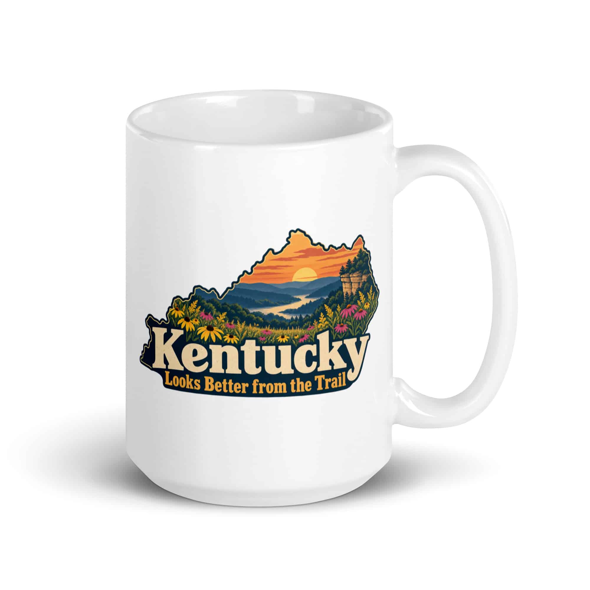 Kentucky White Ceramic Coffee Mug: Wildflower meadow, Colorful Kentucky Silhouette