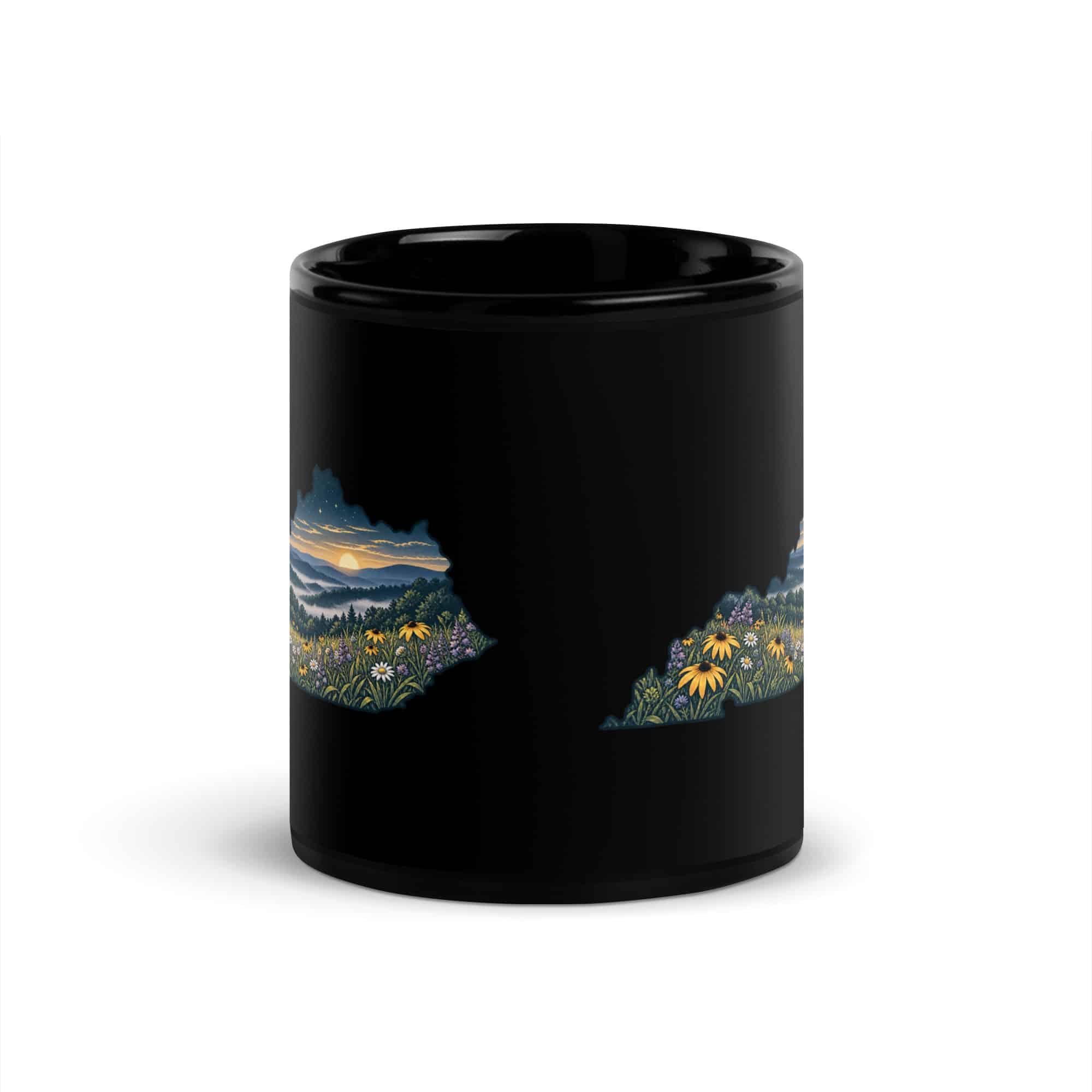 Kentucky Black Coffee Mug: Wildflower meadow, Illustrated Kentucky Silhouette