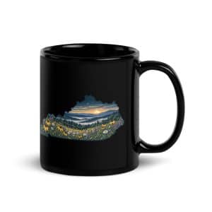 Kentucky Black Coffee Mug: Wildflower meadow, Illustrated Kentucky Silhouette - 11 oz - Handle on Right