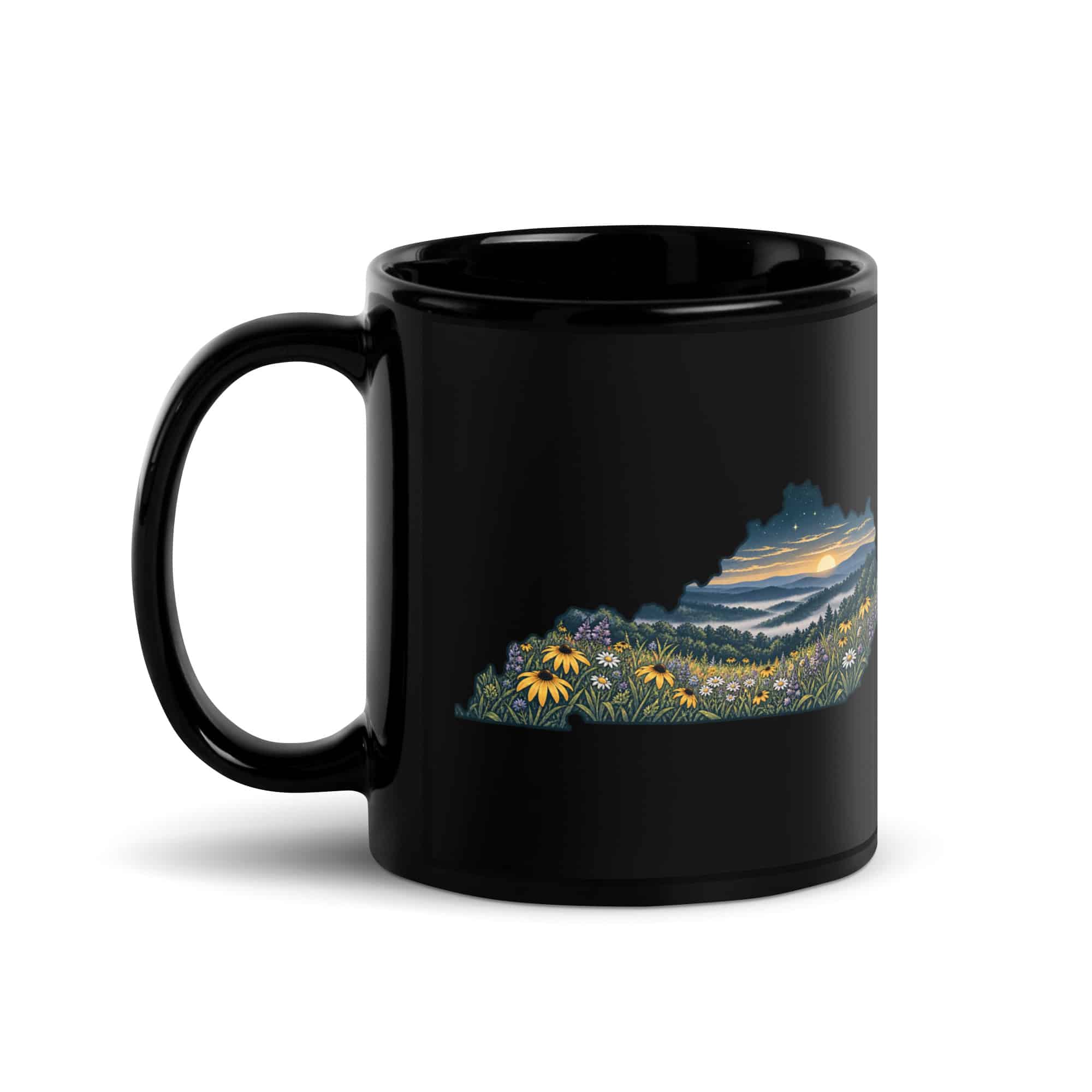 Kentucky Black Coffee Mug: Wildflower meadow, Illustrated Kentucky Silhouette
