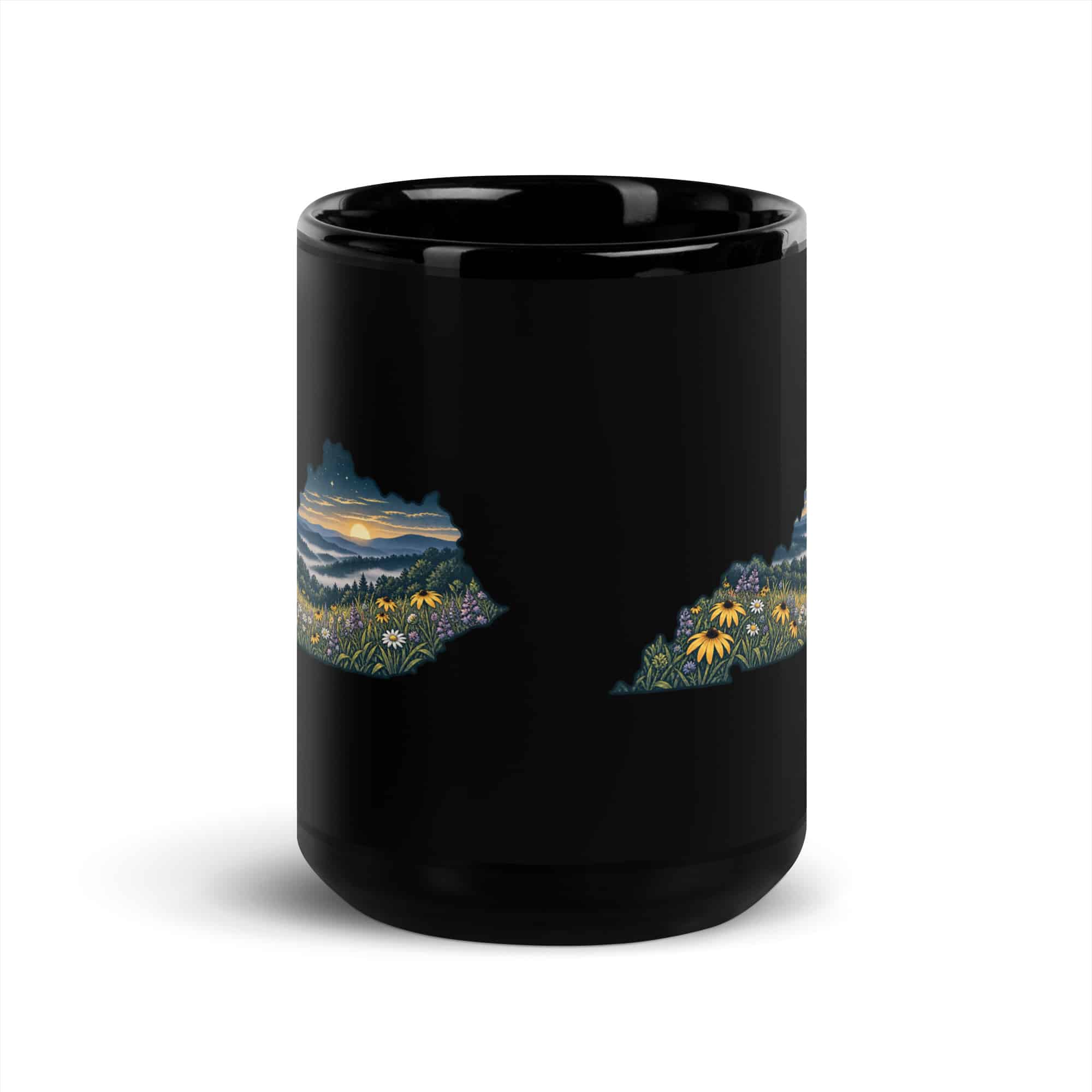 Kentucky Black Coffee Mug: Wildflower meadow, Illustrated Kentucky Silhouette