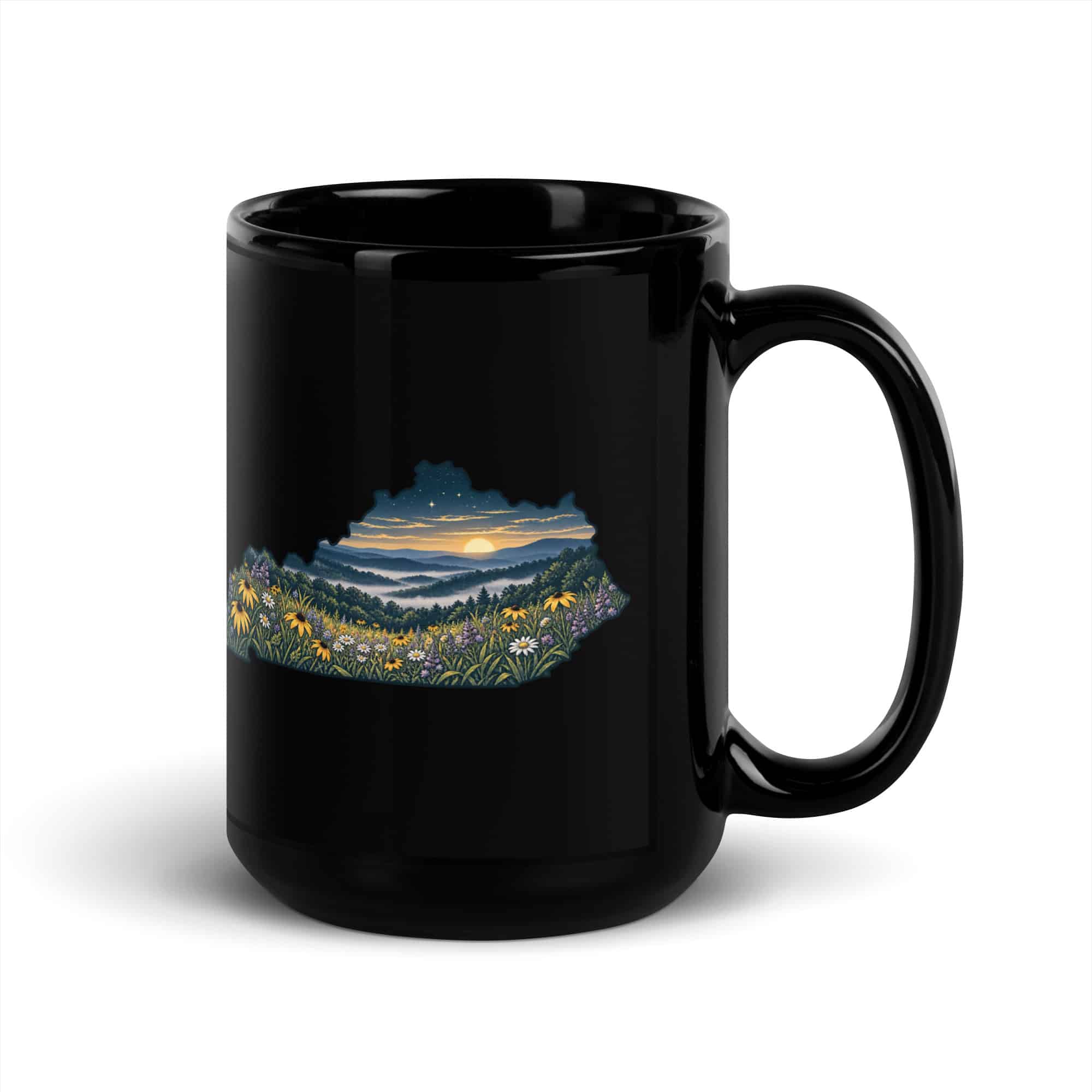 Kentucky Black Coffee Mug: Wildflower meadow, Illustrated Kentucky Silhouette