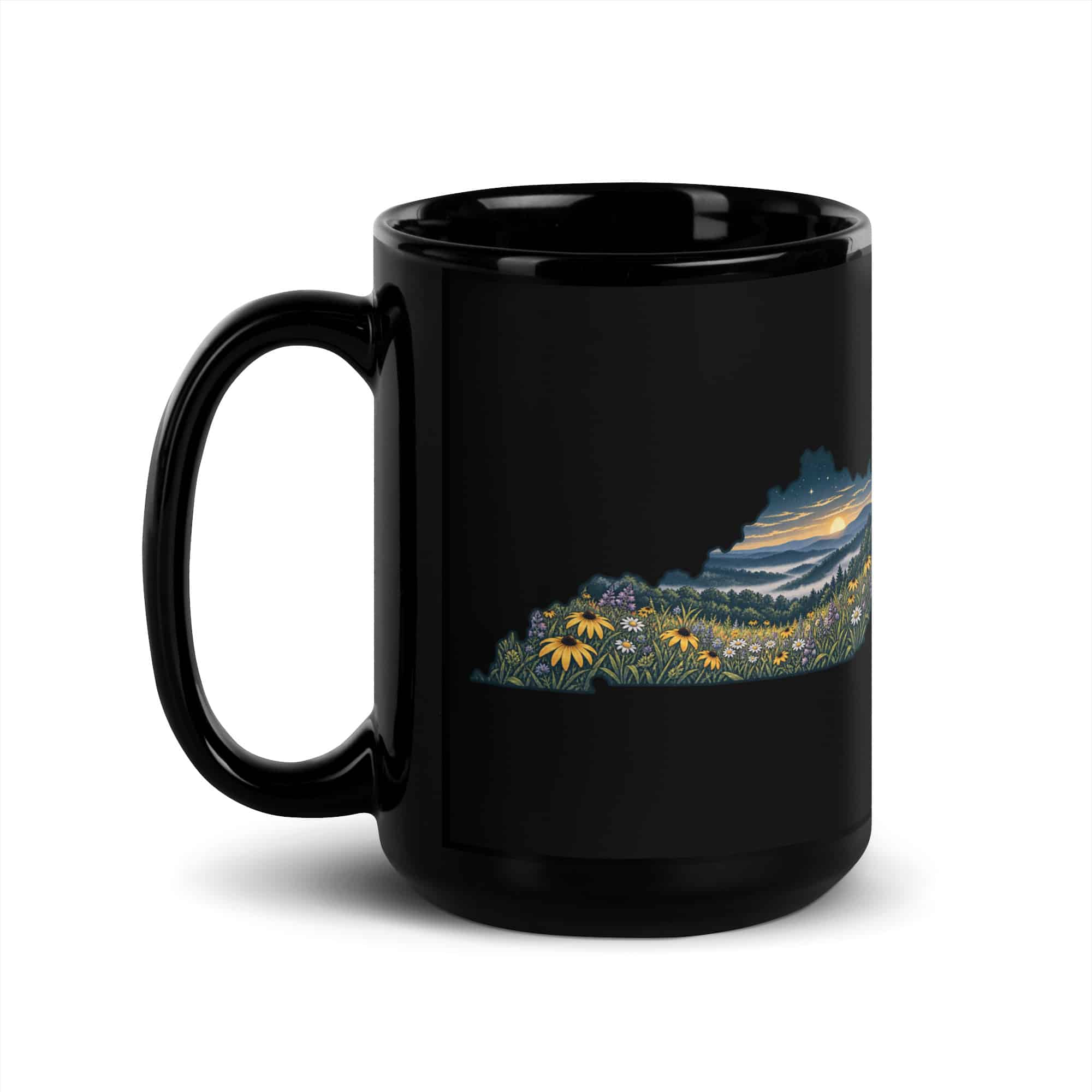 Kentucky Black Coffee Mug: Wildflower meadow, Illustrated Kentucky Silhouette