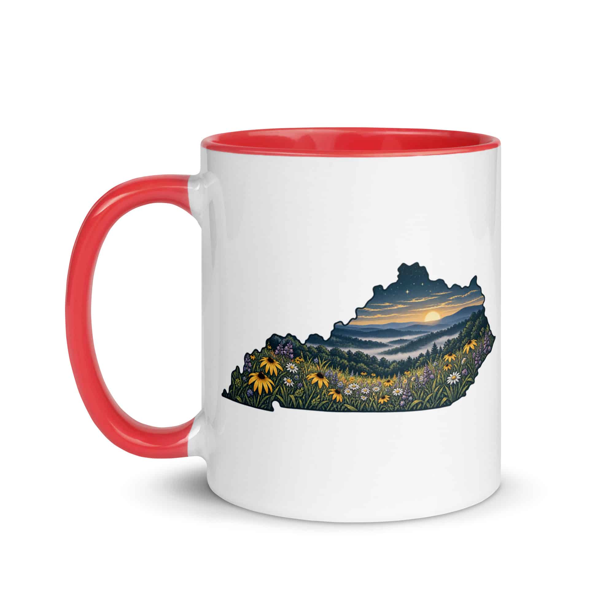 Kentucky Color Inside Coffee Mug: Wildflower meadow, Illustrated Kentucky Silhouette