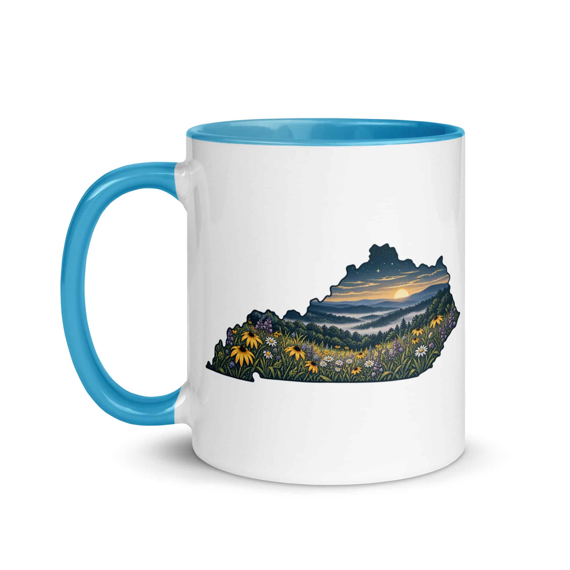 Kentucky Color Inside Coffee Mug: Wildflower meadow, Illustrated Kentucky Silhouette
