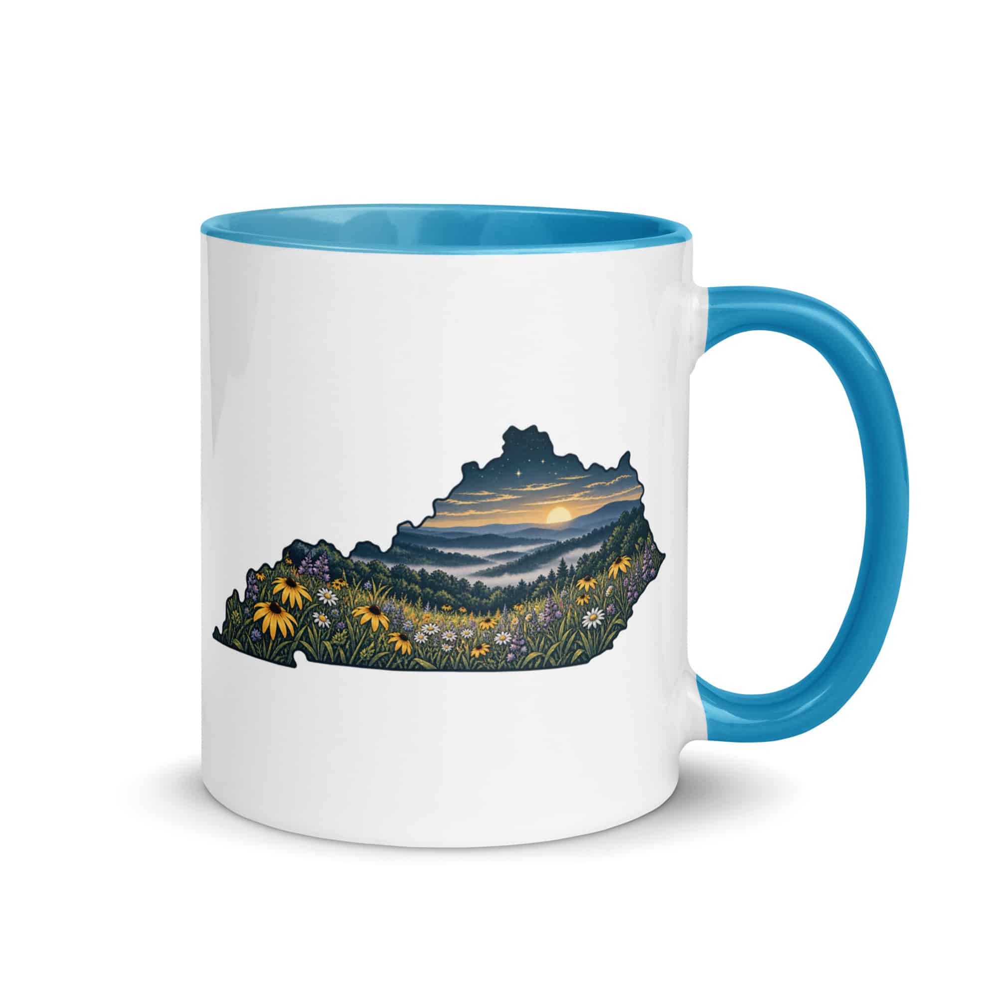 Kentucky Color Inside Coffee Mug: Wildflower meadow, Illustrated Kentucky Silhouette