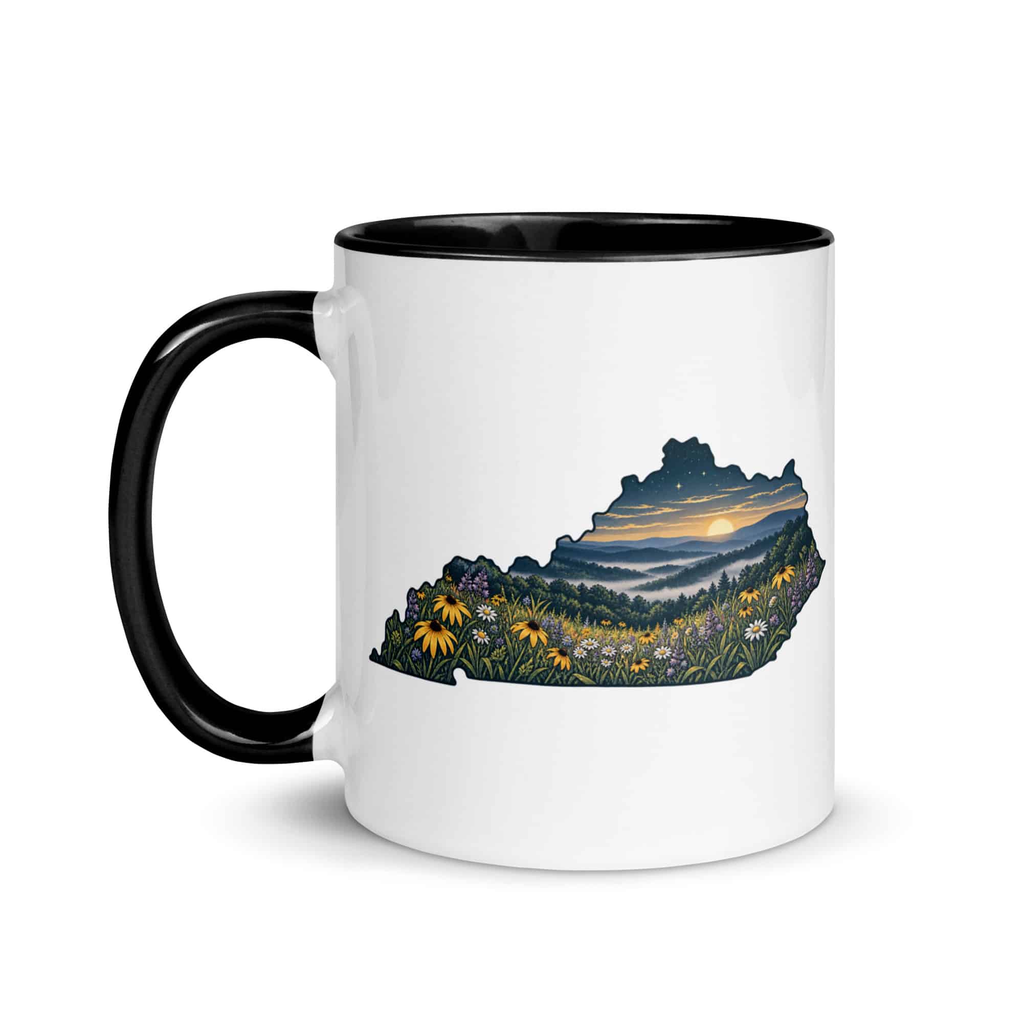 Kentucky Color Inside Coffee Mug: Wildflower meadow, Illustrated Kentucky Silhouette