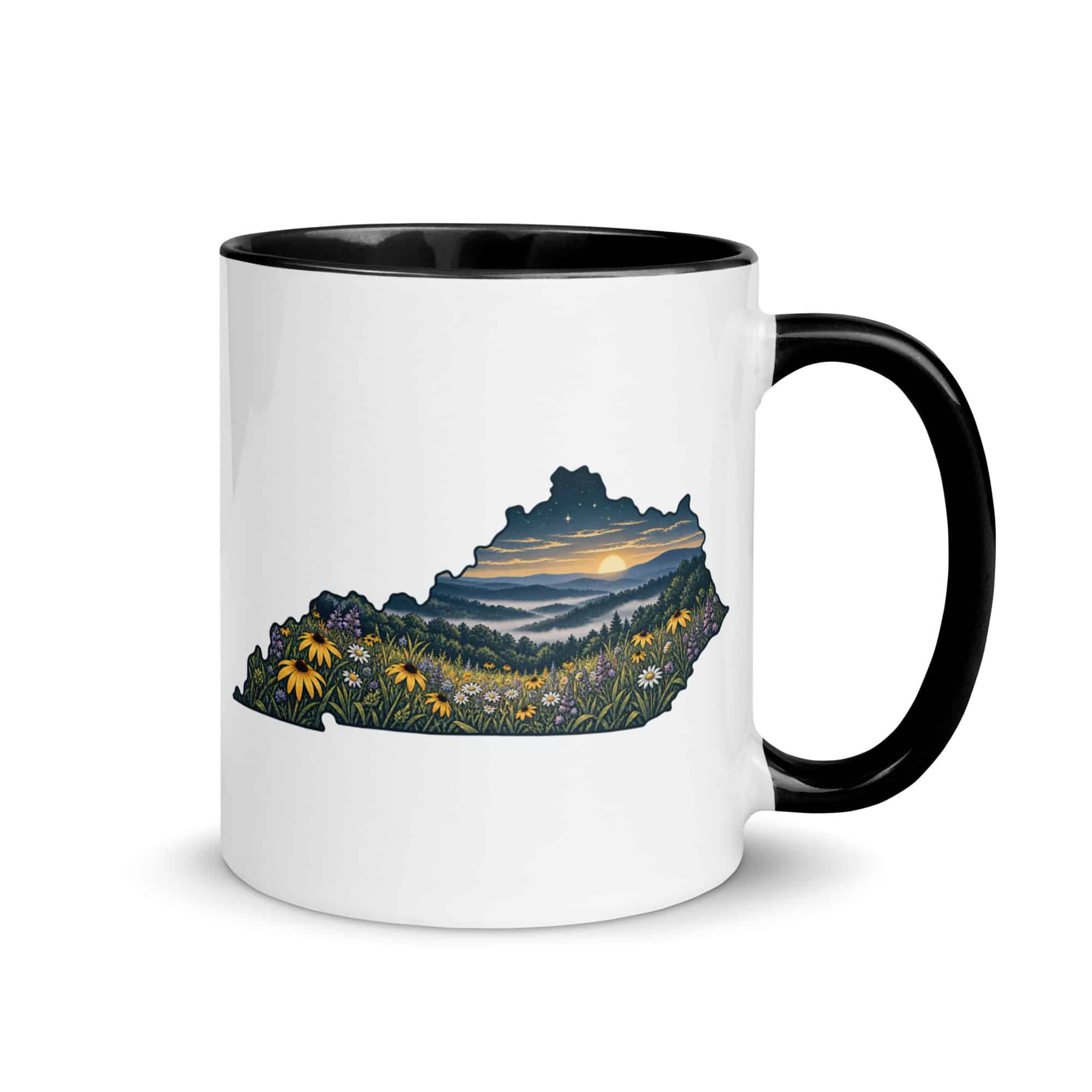 Kentucky Color Inside Coffee Mug: Wildflower meadow, Illustrated Kentucky Silhouette