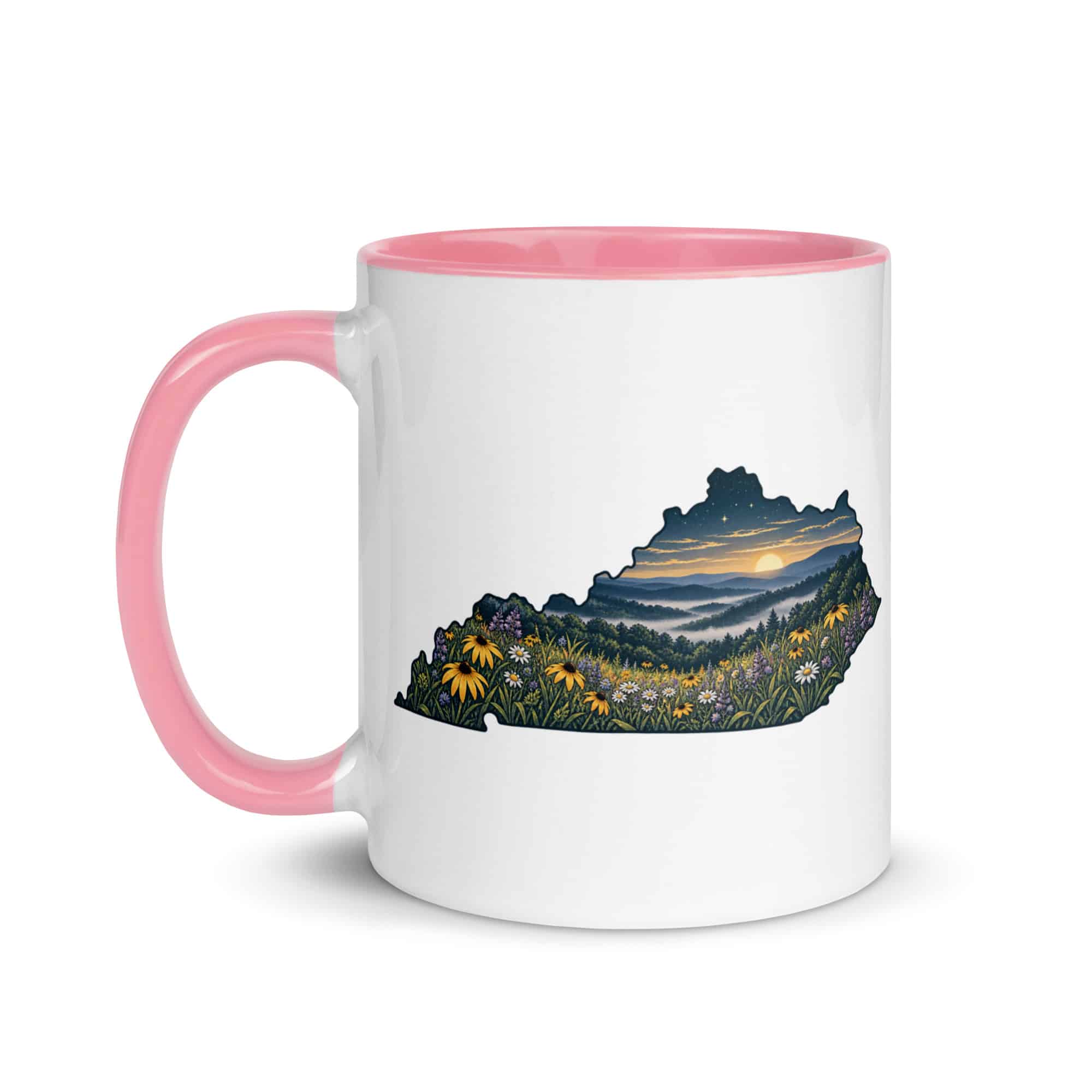 Kentucky Color Inside Coffee Mug: Wildflower meadow, Illustrated Kentucky Silhouette