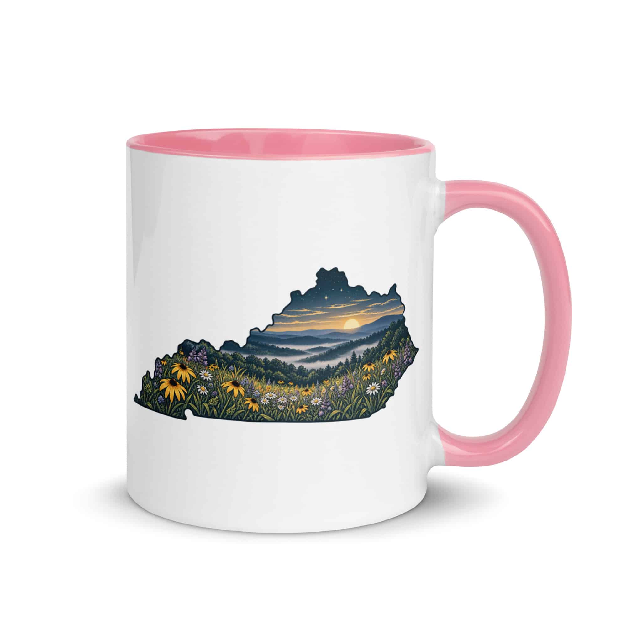 Kentucky Color Inside Coffee Mug: Wildflower meadow, Illustrated Kentucky Silhouette