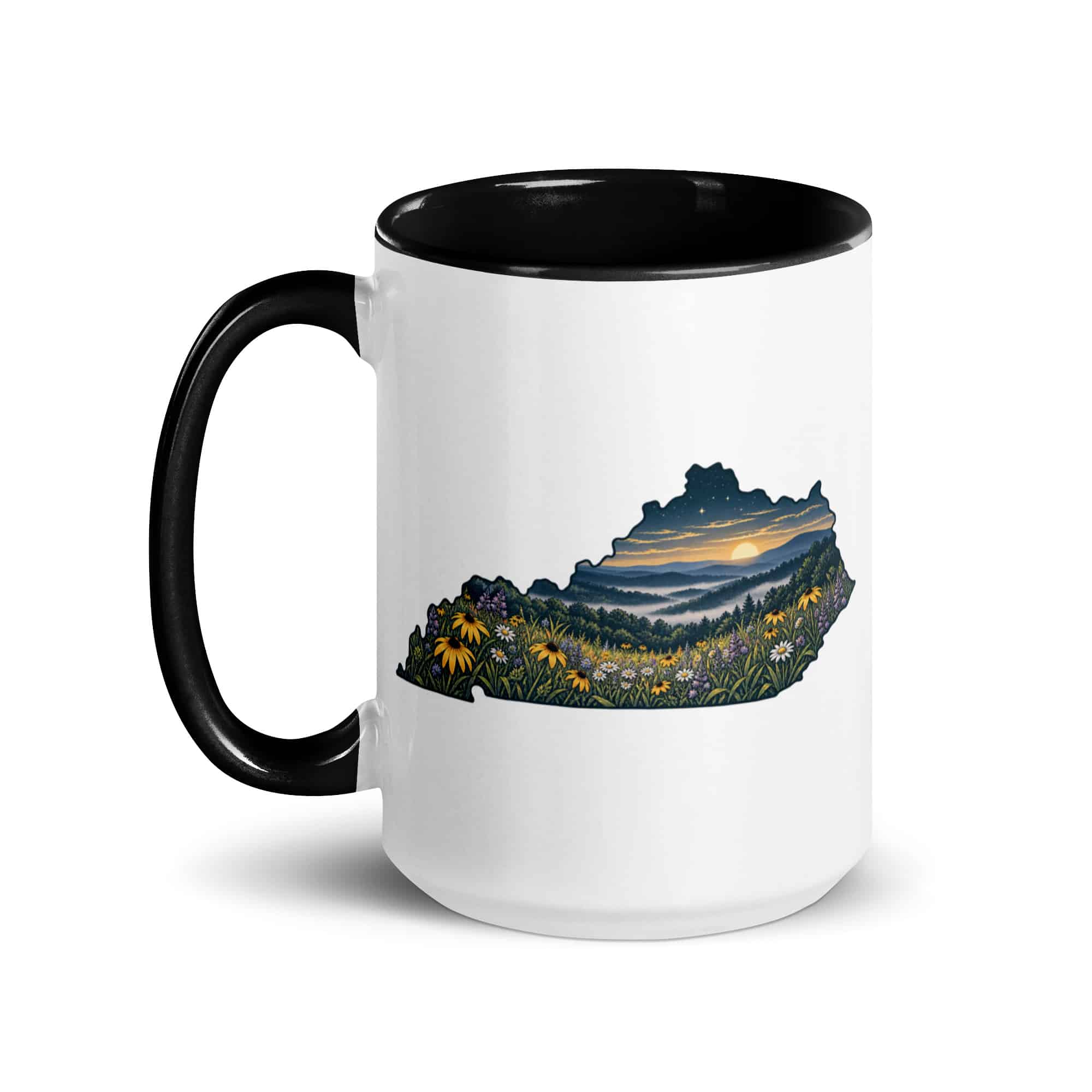 Kentucky Color Inside Coffee Mug: Wildflower meadow, Illustrated Kentucky Silhouette