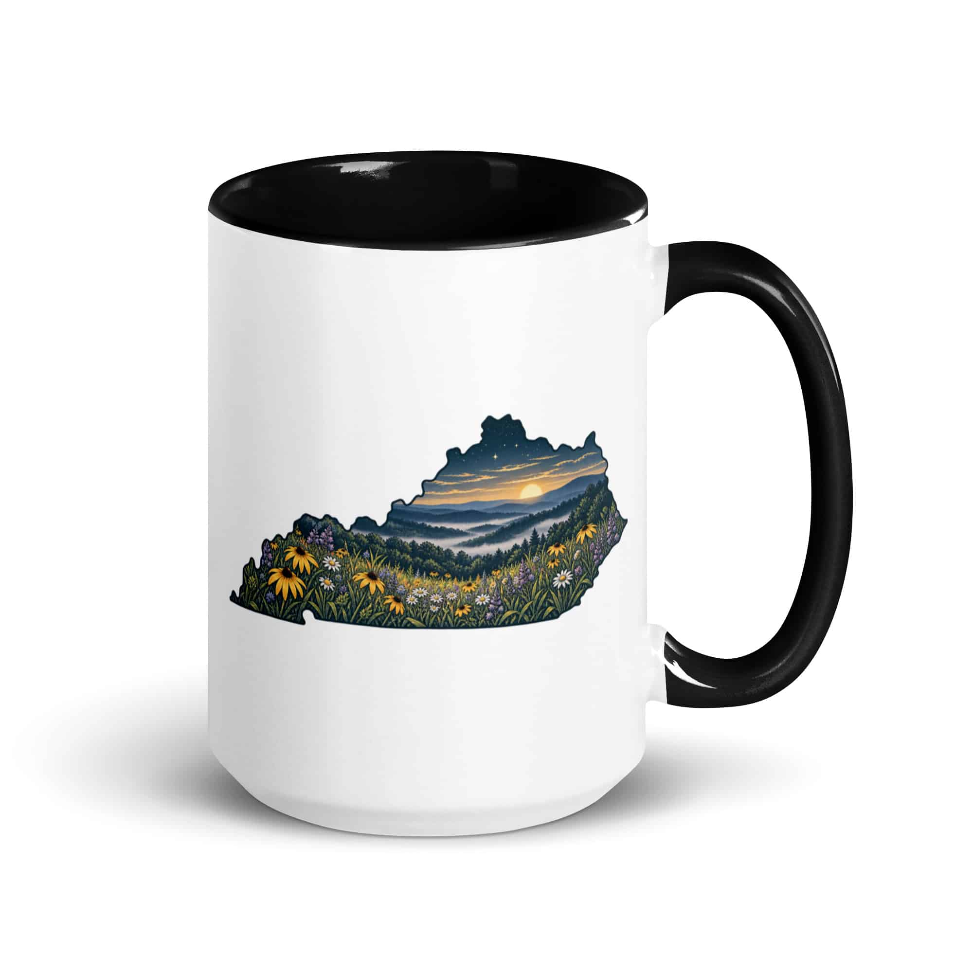 Kentucky Color Inside Coffee Mug: Wildflower meadow, Illustrated Kentucky Silhouette