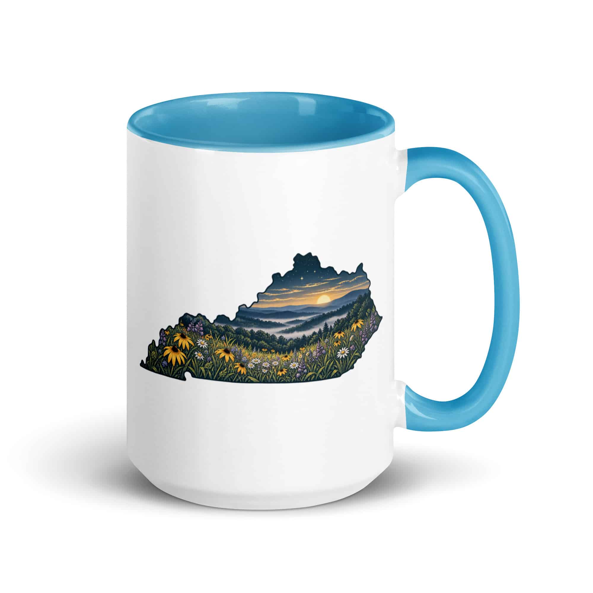 Kentucky Color Inside Coffee Mug: Wildflower meadow, Illustrated Kentucky Silhouette