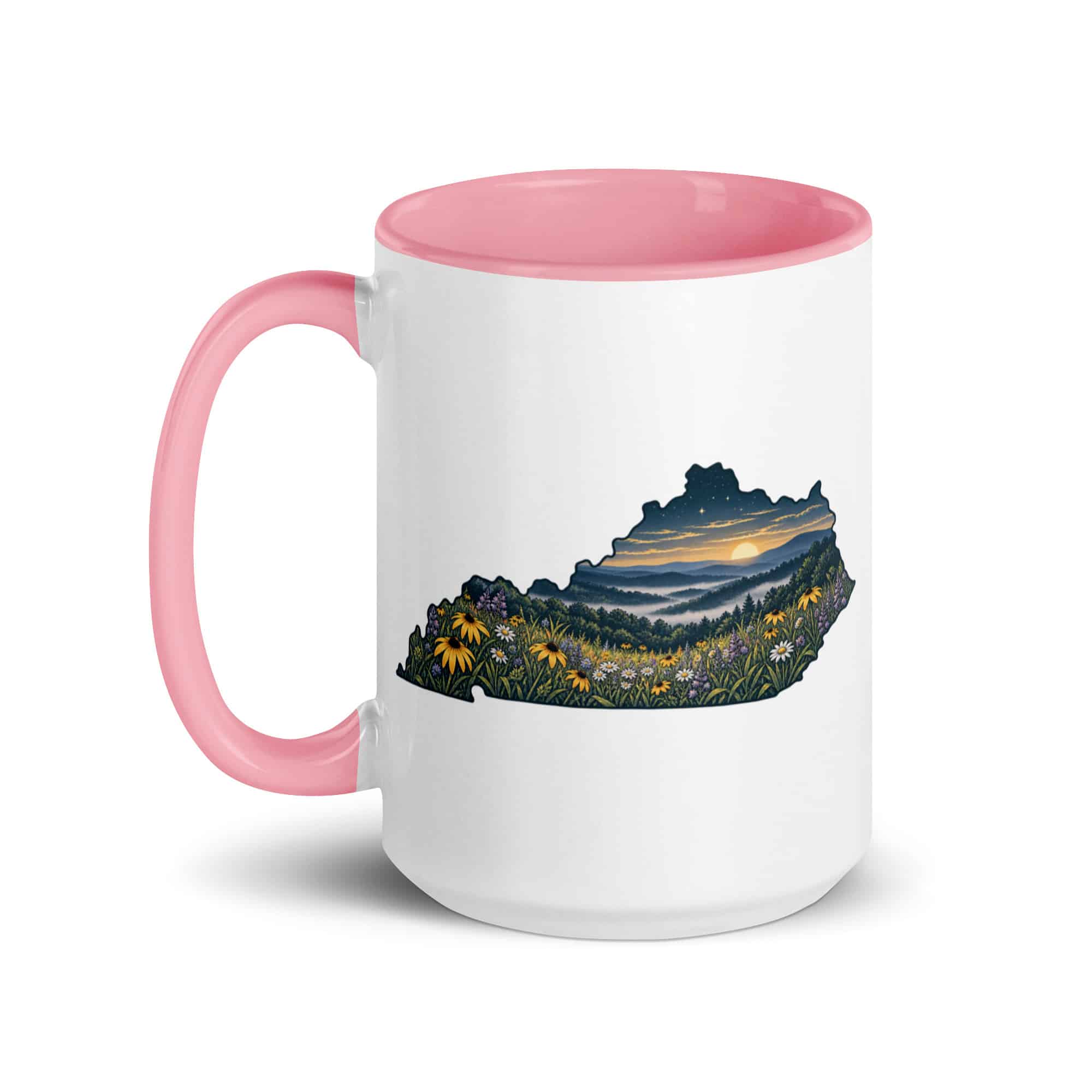 Kentucky Color Inside Coffee Mug: Wildflower meadow, Illustrated Kentucky Silhouette