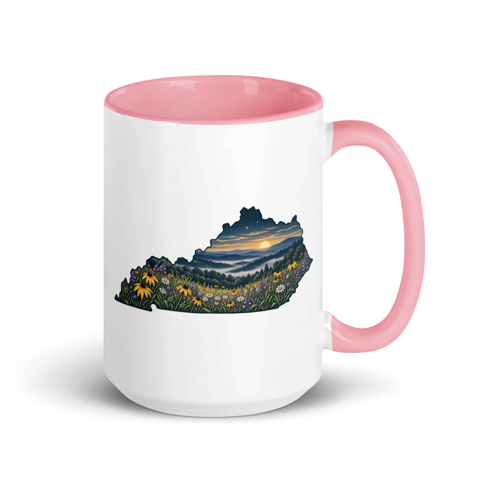 Kentucky Color Inside Coffee Mug: Wildflower meadow, Illustrated Kentucky Silhouette