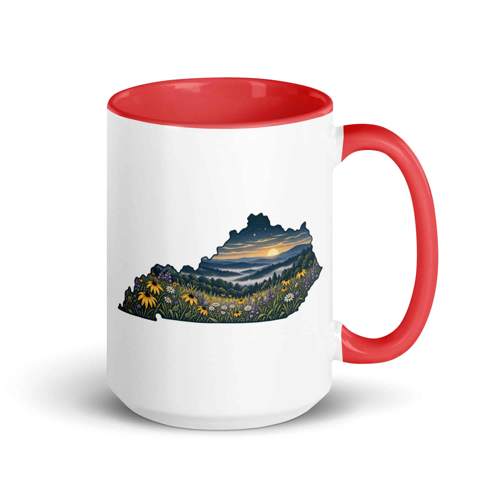 Kentucky Color Inside Coffee Mug: Wildflower meadow, Illustrated Kentucky Silhouette