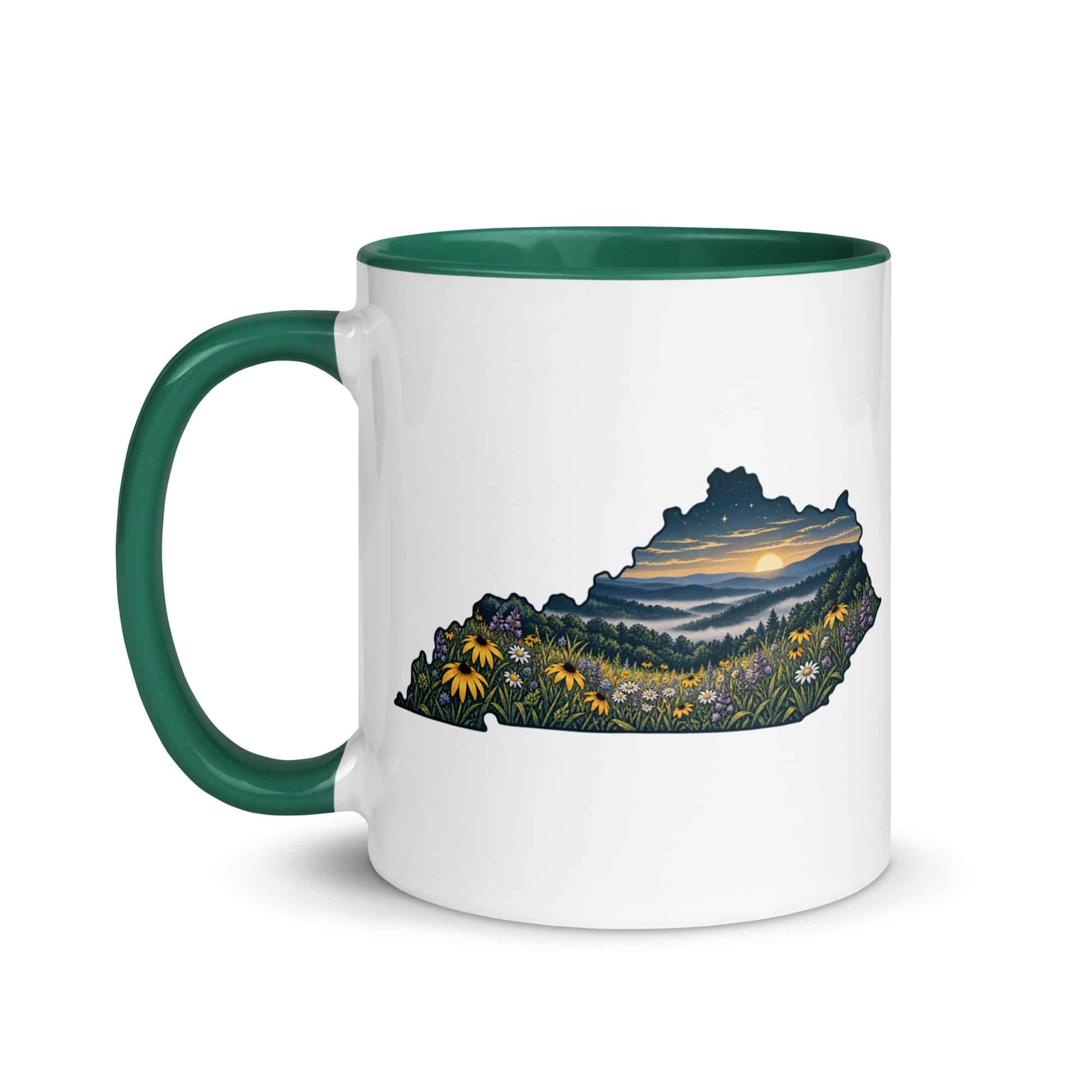 Kentucky Color Inside Coffee Mug: Wildflower meadow, Illustrated Kentucky Silhouette