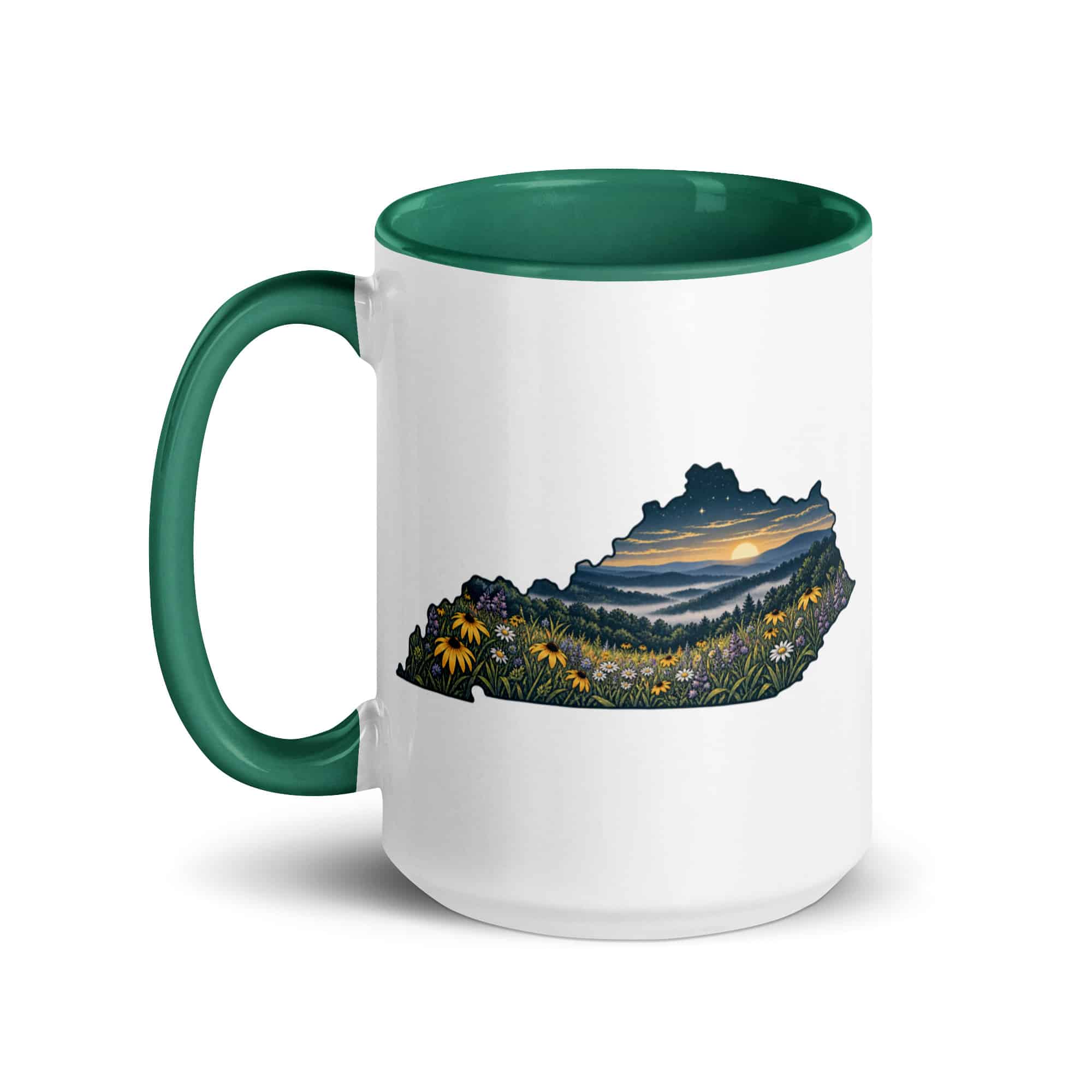 Kentucky Color Inside Coffee Mug: Wildflower meadow, Illustrated Kentucky Silhouette